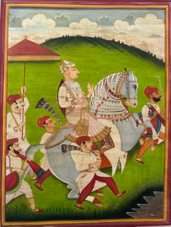 Indian Miniature Painting Mewar Maharaja on Horse Courtly India Master Artist