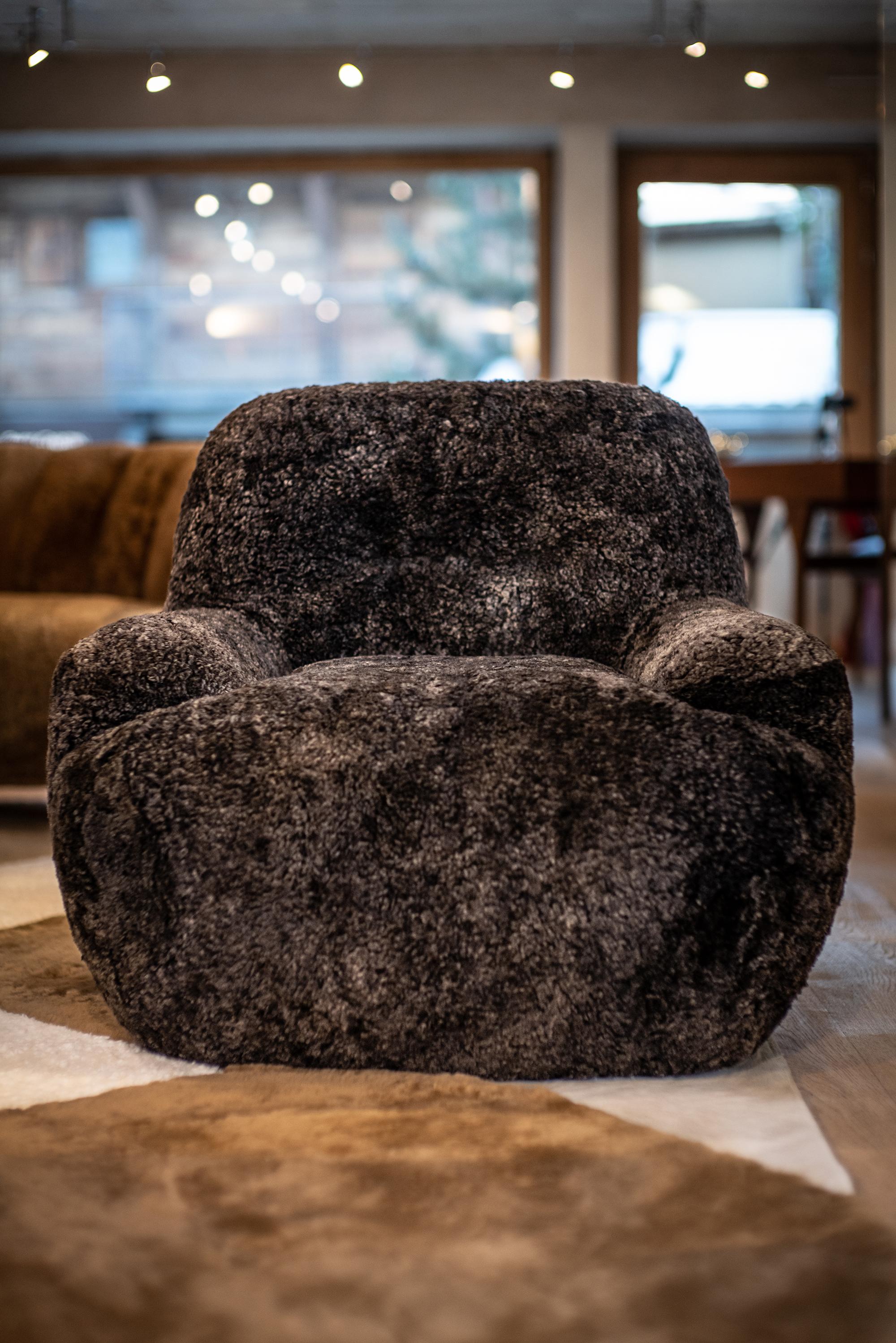 Modern Brown Armchair with Curly Shearling Upholstery, Bao For Sale