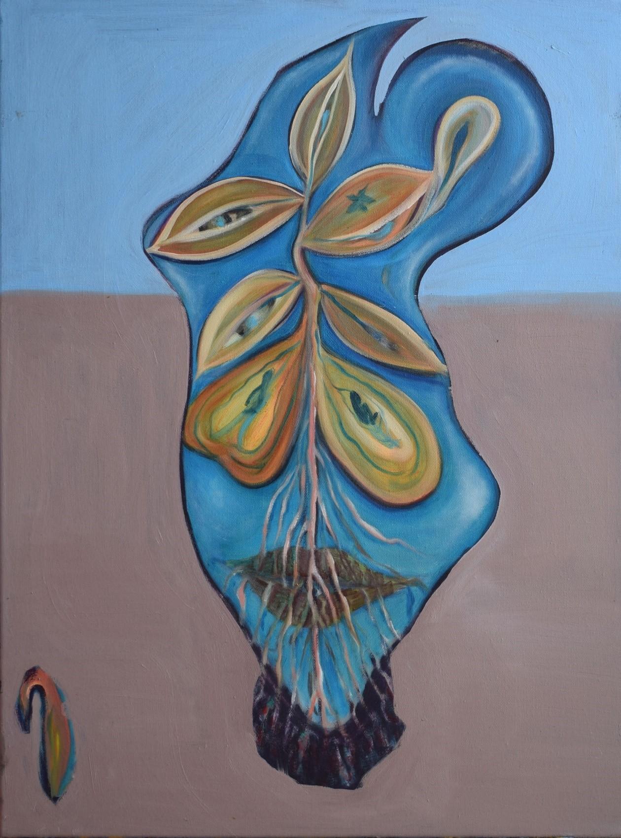 Oil on canvas

I always think about the similarity of both people and plants. I especially like to appreciate flowers, see their petals, their stamens and the stigma and anther within. Taking root from the mouth, in line with the customs from