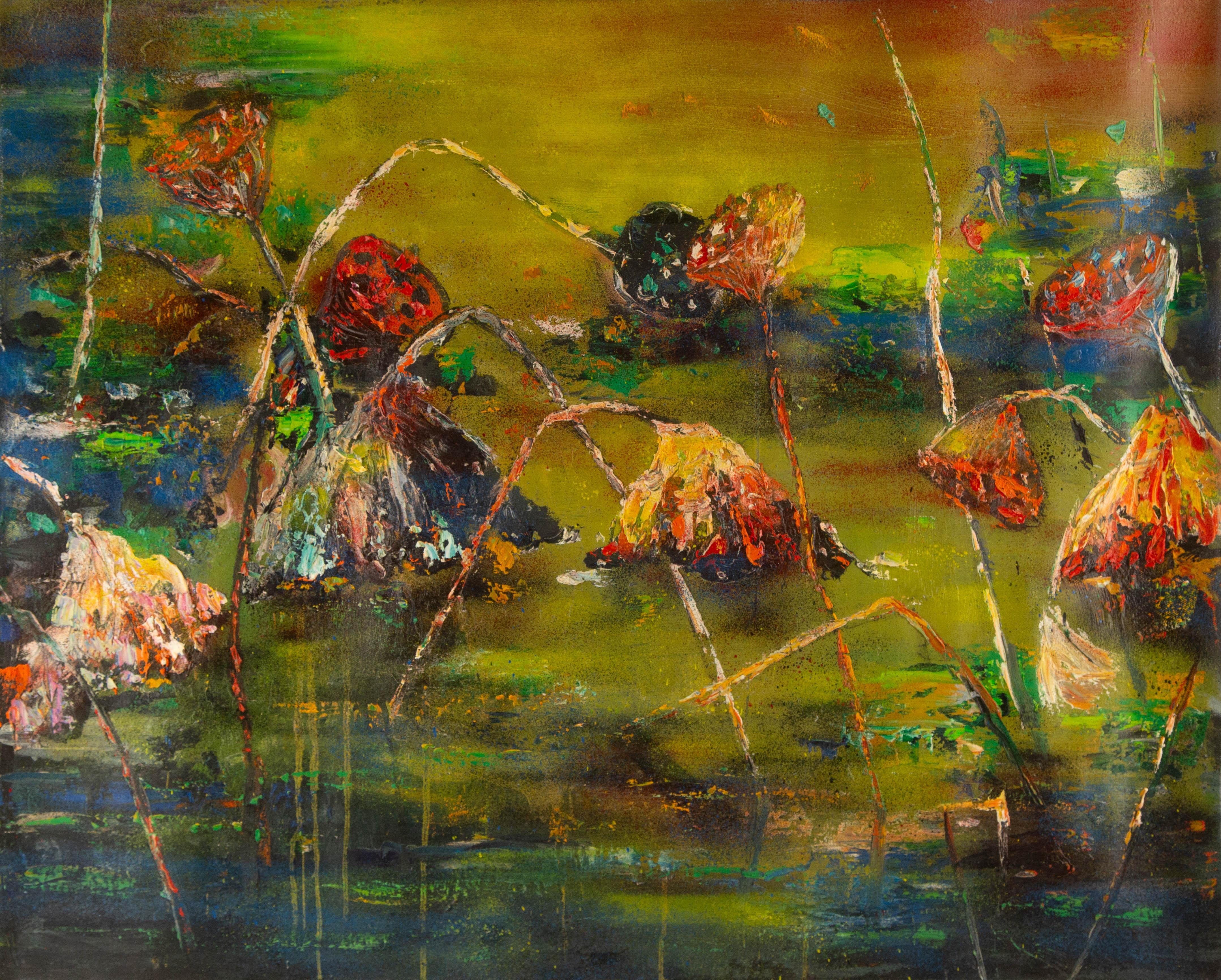 Baochun Tao Floral Original Oil On Canvas "Autumn Delights in the Lotus Pond"