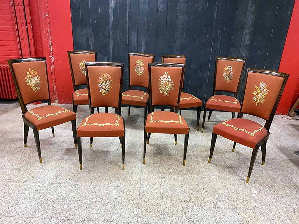 Français Baptisitin Spade - Ensemble rare de 8 chaises Art Déco en faux macassar, vers 1930 en vente
