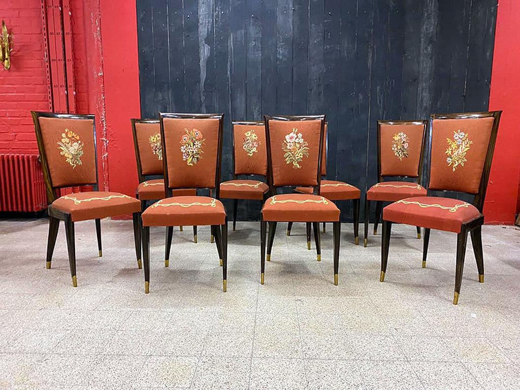 Bronze Baptisitin Spade Rare Suite of 8 Art Deco Chairs in 'Faux' Macassar circa 1930 For Sale