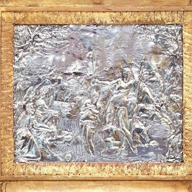 Baptism Scene, Silver Bas-Relief with Gilded Frame, Mid-17th Century In Good Condition For Sale In Roma, IT