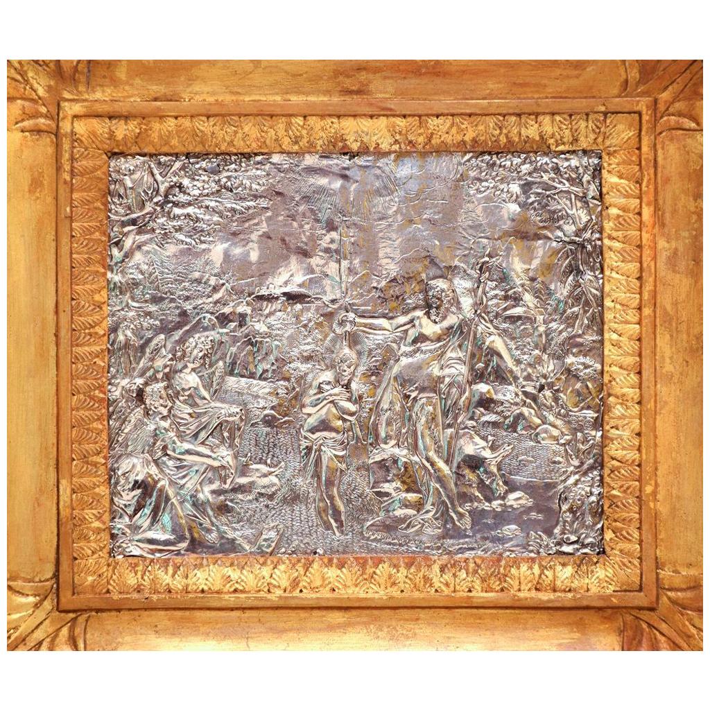 Baptism Scene, Silver Bas-Relief with Gilded Frame, Mid-17th Century For Sale