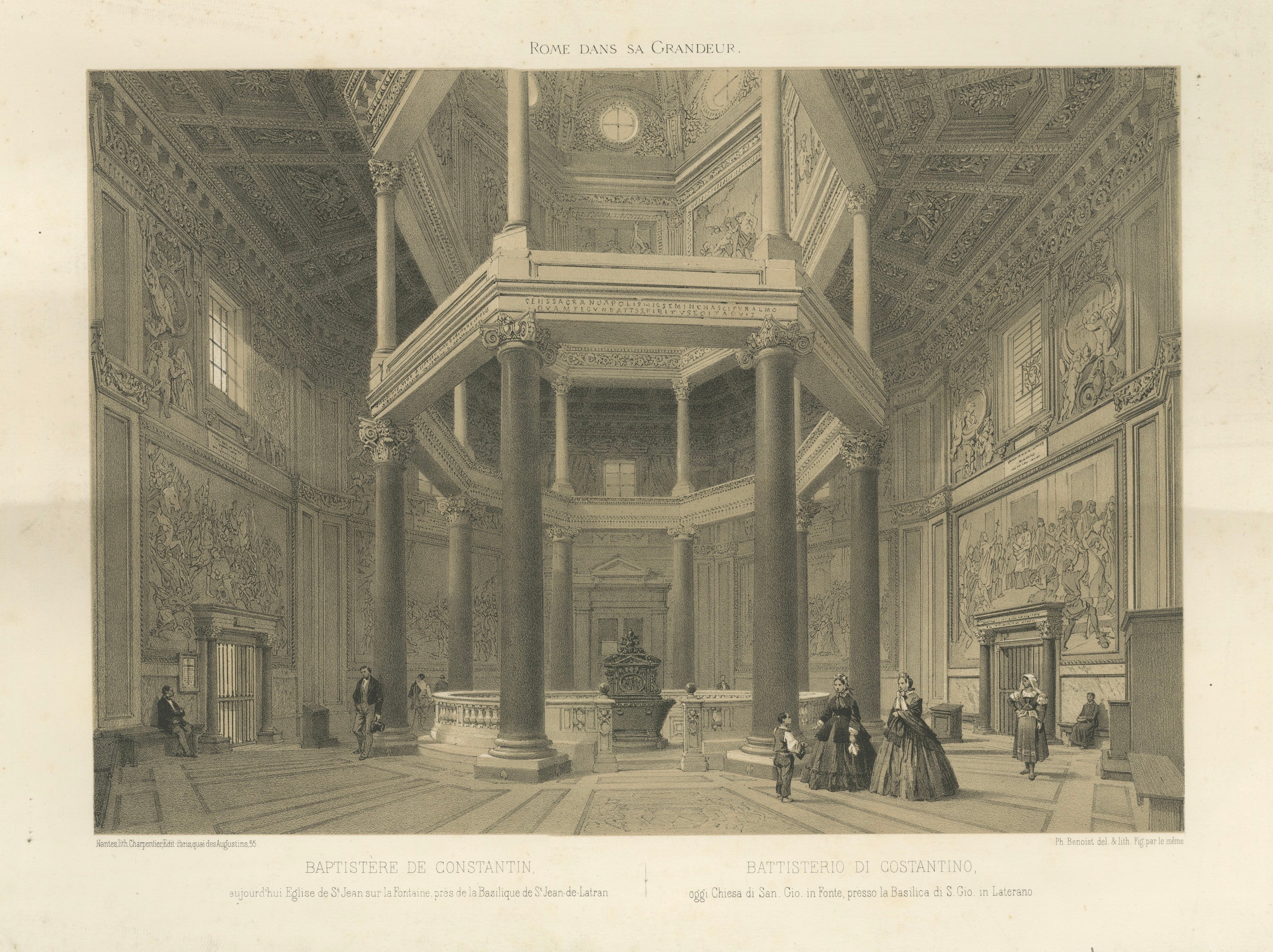Baptistère de Constantin, Latran, Rome - Benoist 1869 Lithographie