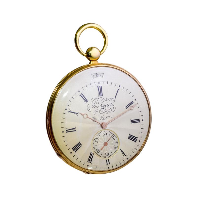 Baquet Yellow Gold Calendar Engine Turned Breguet Dial Pocket Watch In Excellent Condition For Sale In Long Beach, CA