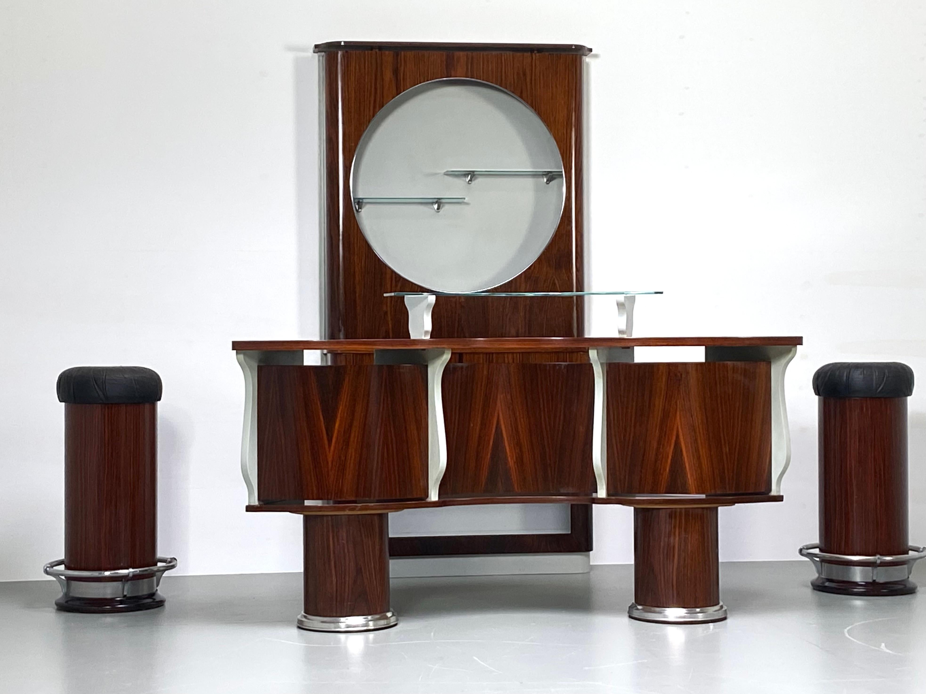  Bar- and Serving Cabinet and two Stools in Rosewood and Glass, Italy, 1960 11