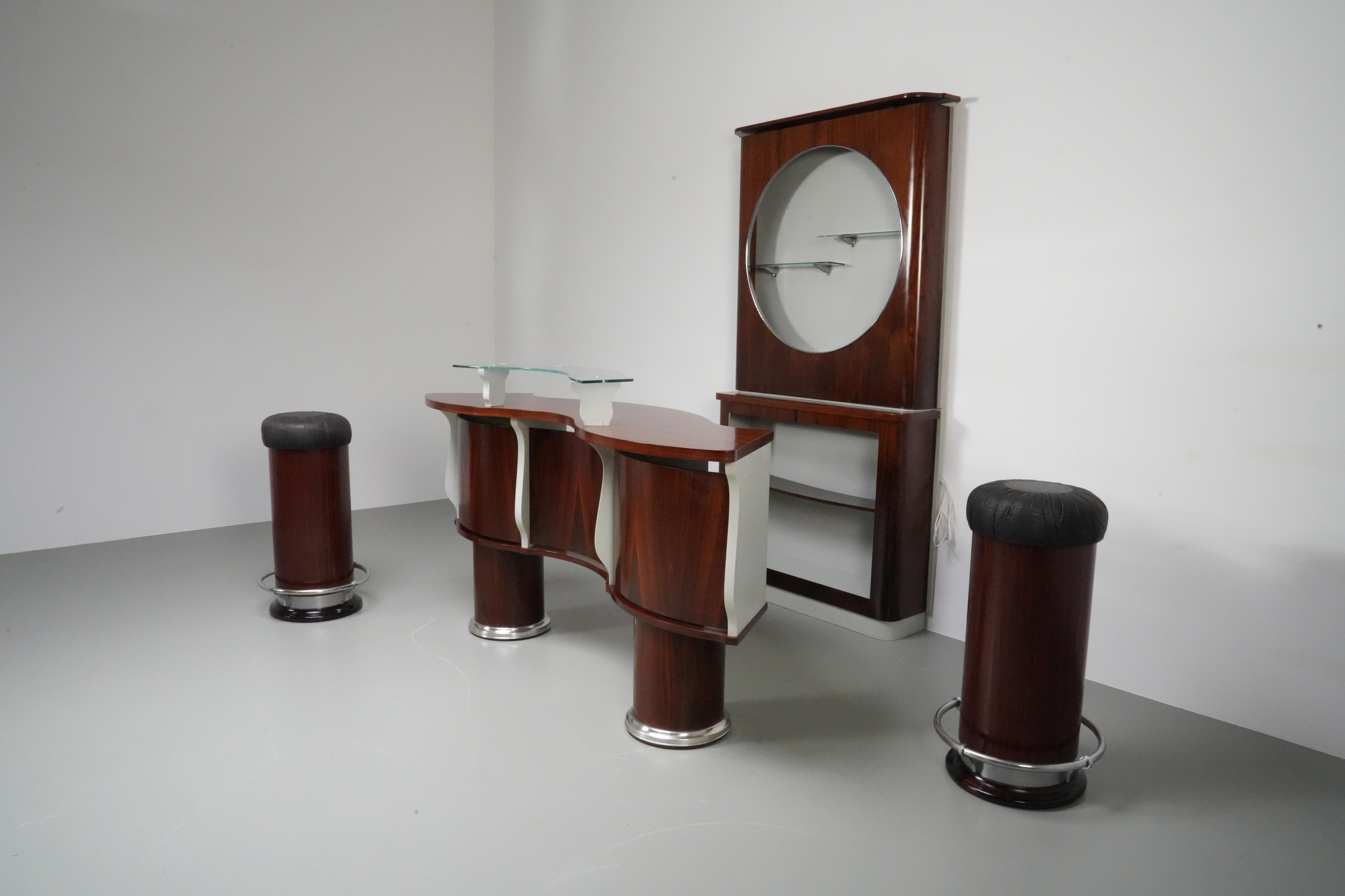 Italian  Bar- and Serving Cabinet and two Stools in Rosewood and Glass, Italy, 1960
