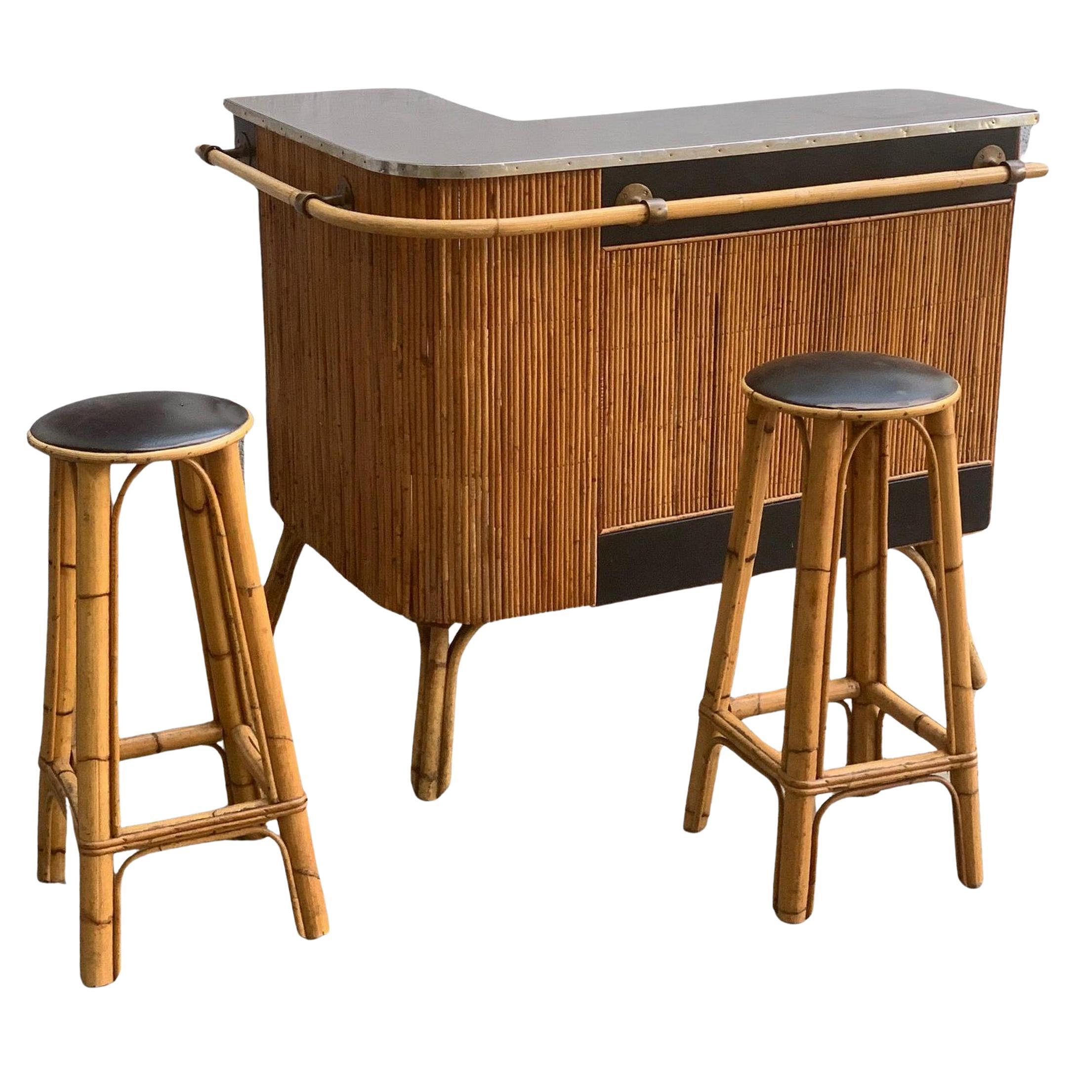 Bar and two bamboo stools France, circa 1960 For Sale