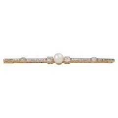 Antique Bar Brooch with Cultured Pearl, Old European Cut Diamonds and Diamond Roses