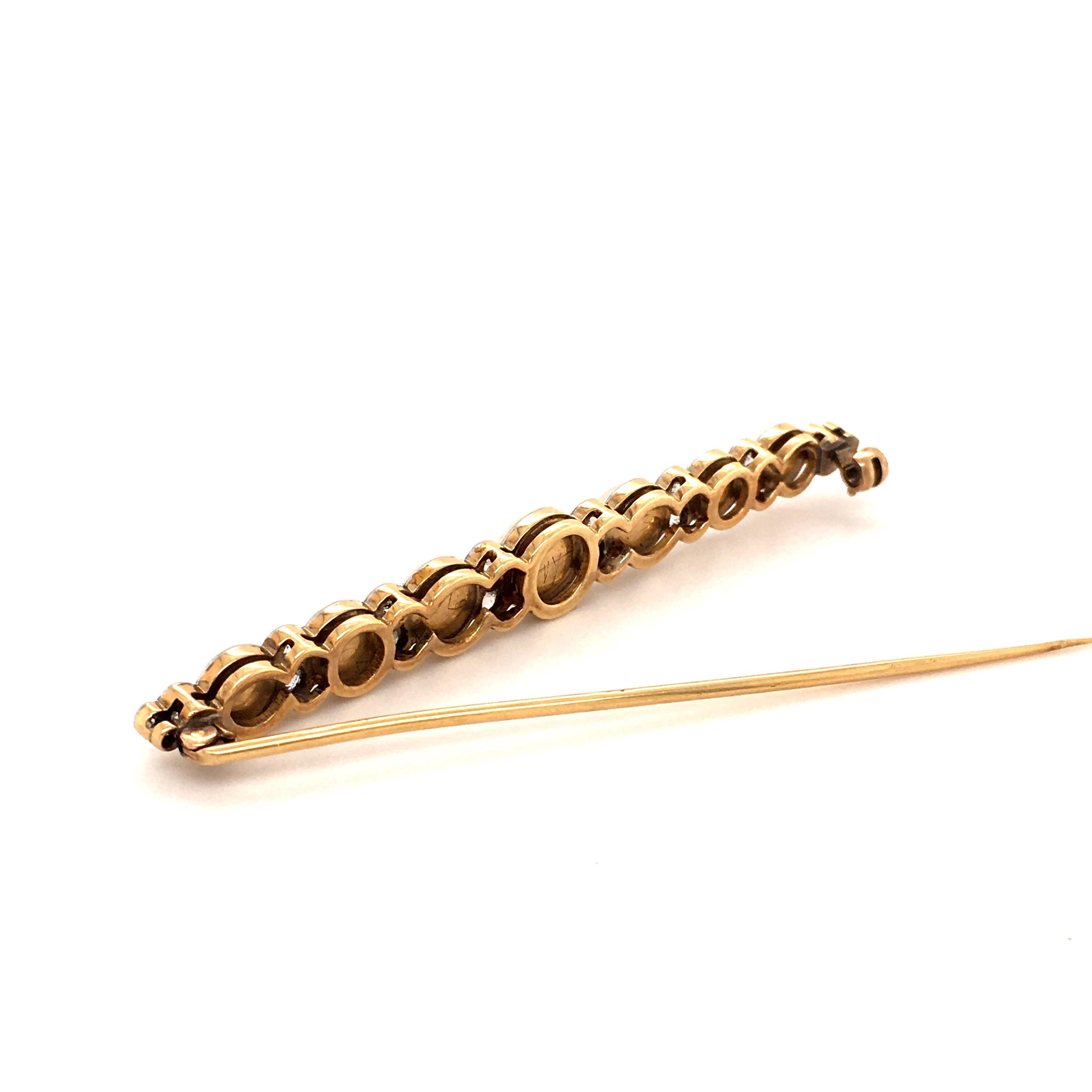 Old European Cut Bar Brooch with Old Cut Diamonds and Natural Half Pearls For Sale