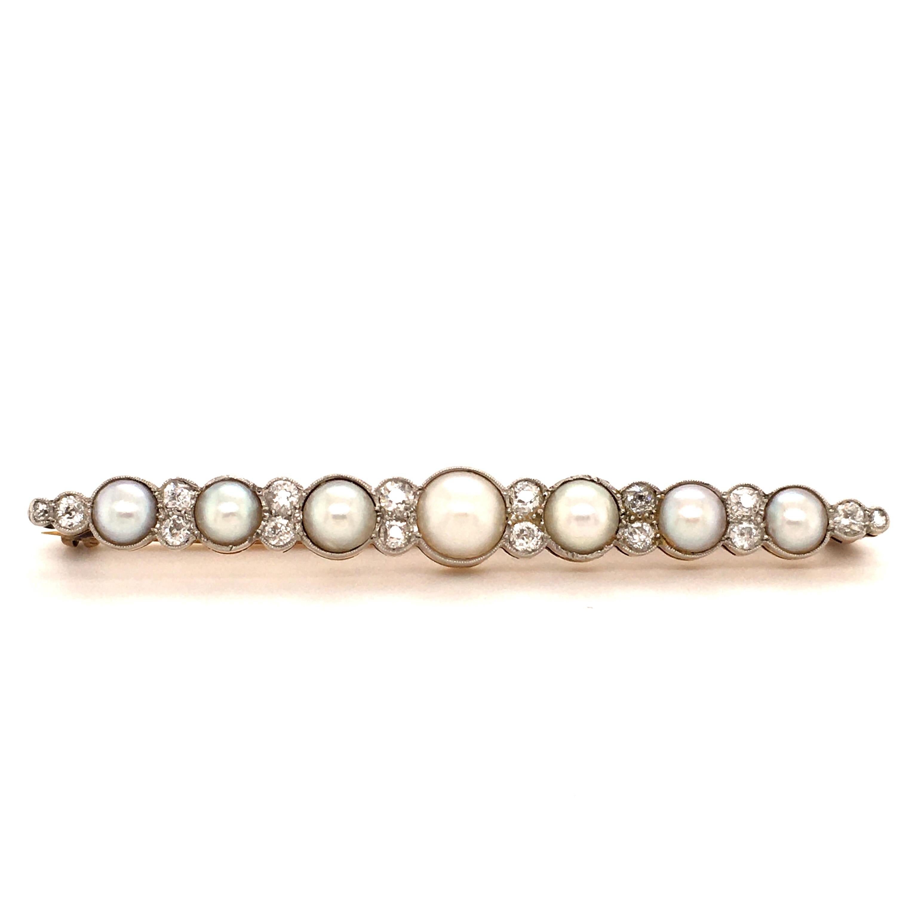 Women's or Men's Bar Brooch with Old Cut Diamonds and Natural Half Pearls For Sale