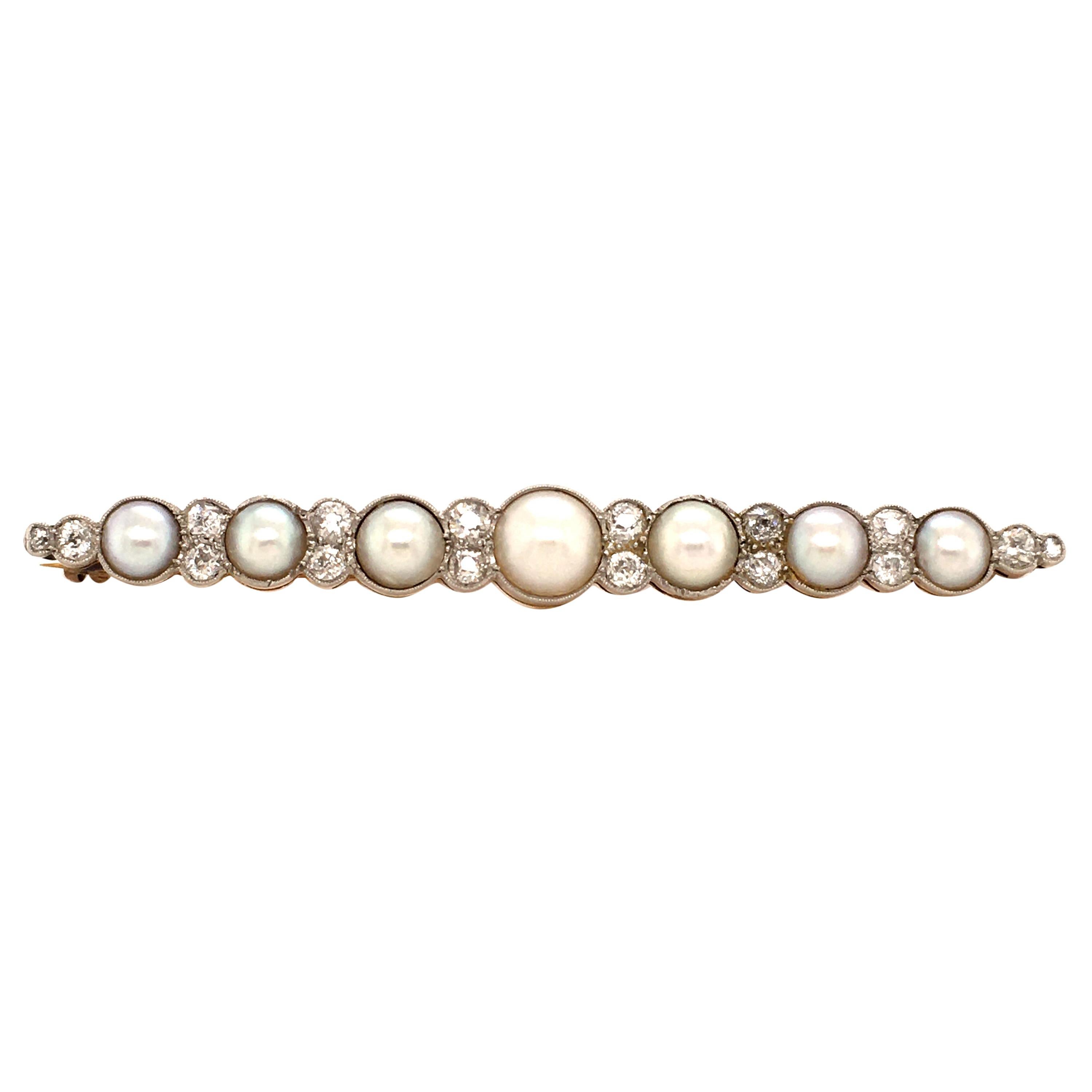 Bar Brooch with Old Cut Diamonds and Natural Half Pearls For Sale