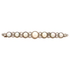 Bar Brooch with Old Cut Diamonds and Natural Half Pearls
