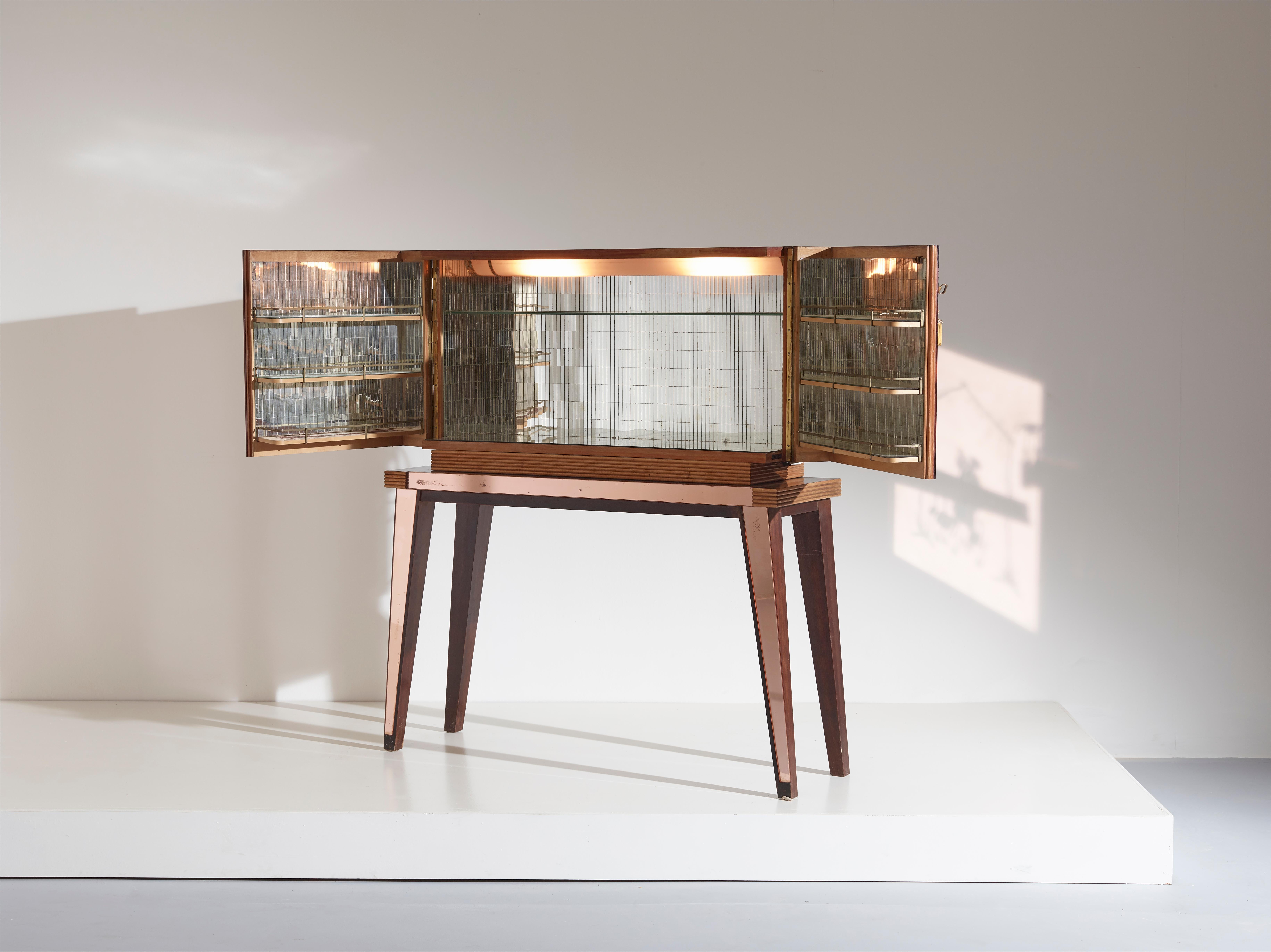 Italian Bar Cabinet by Fontana Arte with Pink Etched Mirror Glass and Walnut Structure