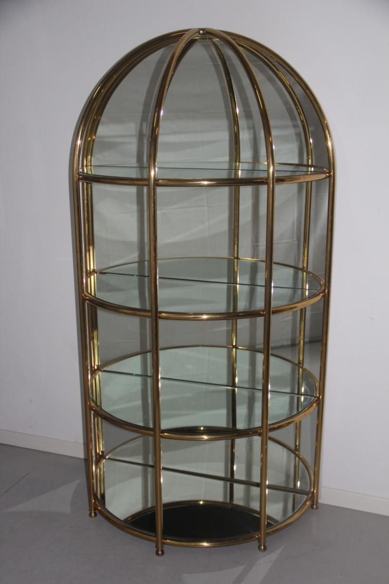 Bar cabinet convex wall solid brass pipes mirrored glass Gabriella Crespi style, 
made with large solid brass tubes, mirrored curved glass shelves, very particular and unique article.