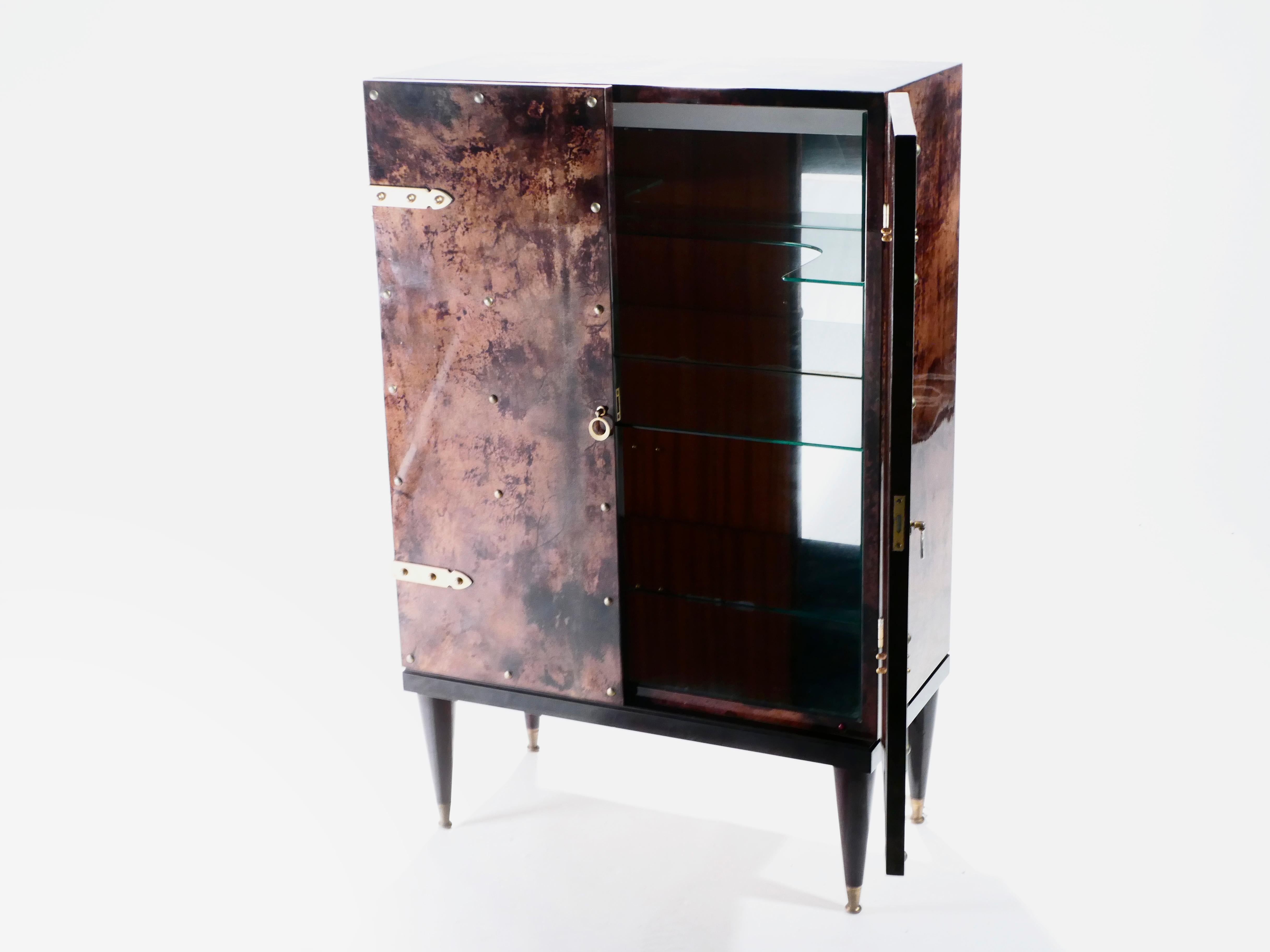 Brass Bar Cabinet in Goatskin Parchment by Aldo Tura, 1960s