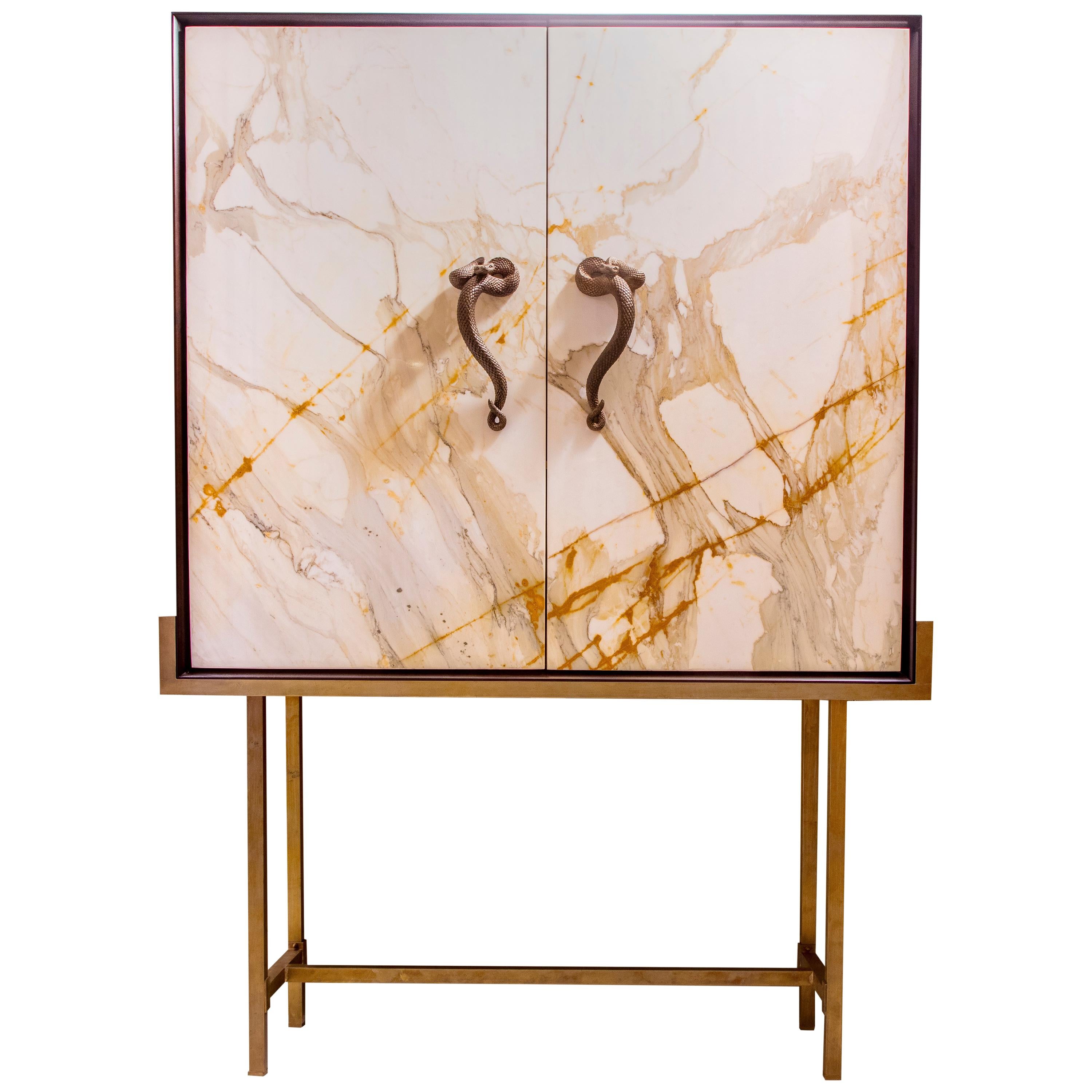 Bar Cabinet in Paonazzo Marble, Wood, Solid Brass