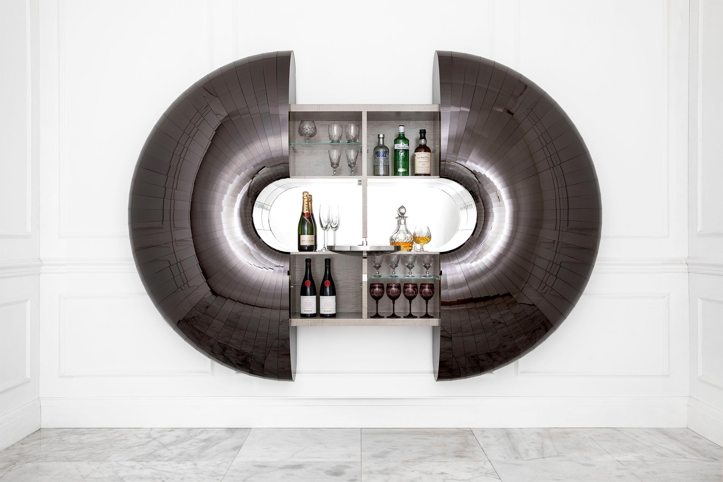 Glass Bar Cabinet in Polished Brass and Silky Oak, Urchin by Jake Phipps For Sale