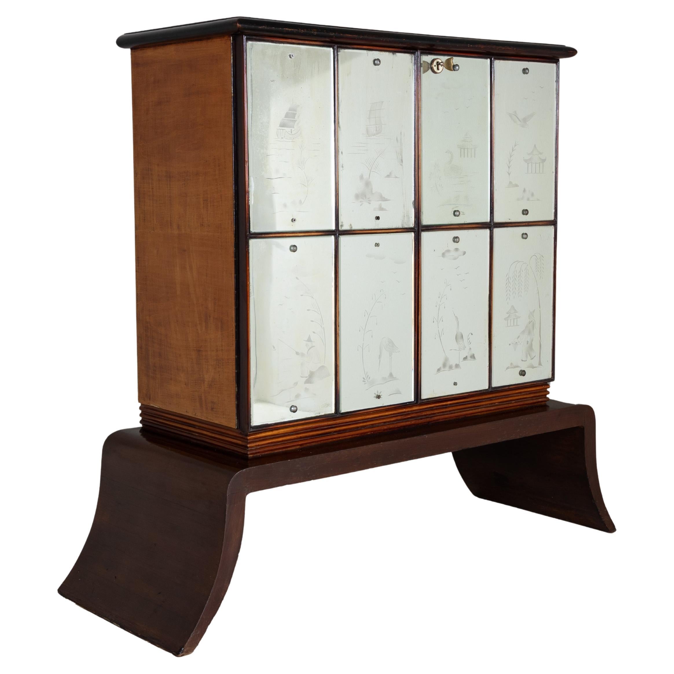 Bar cabinet in wood and mirror, Art Nouveau style