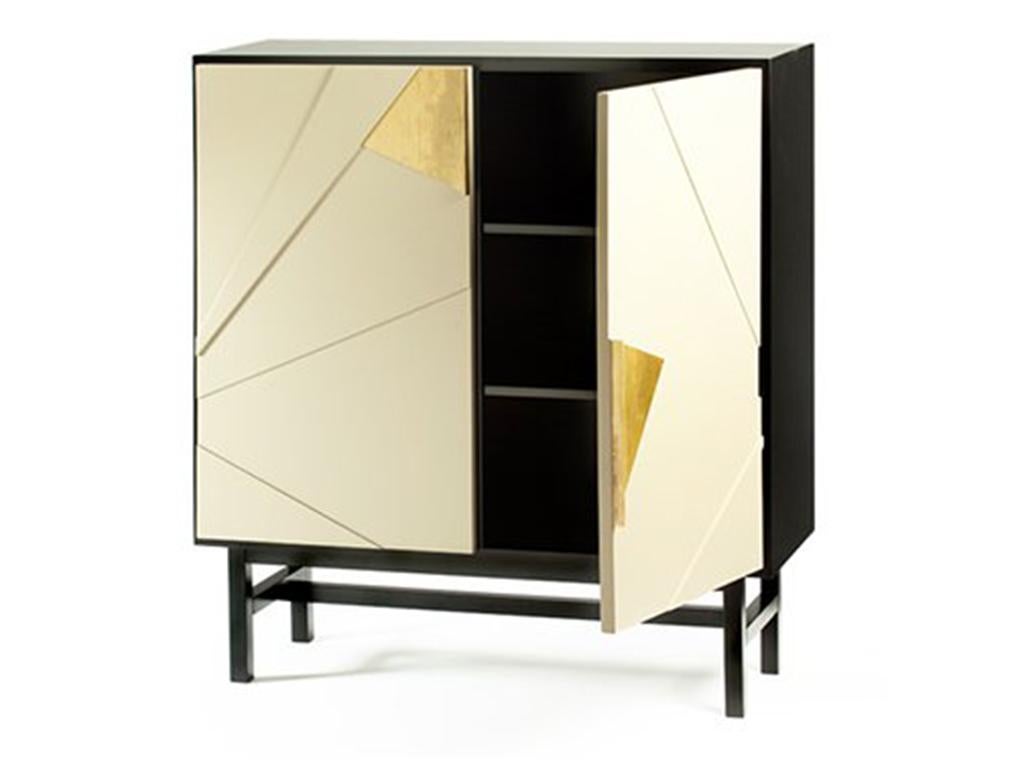 Portuguese Art Deco Inspired Walnut Wood, Ivory Lacquer, Brass Handles Bar Cabinet Jazz For Sale
