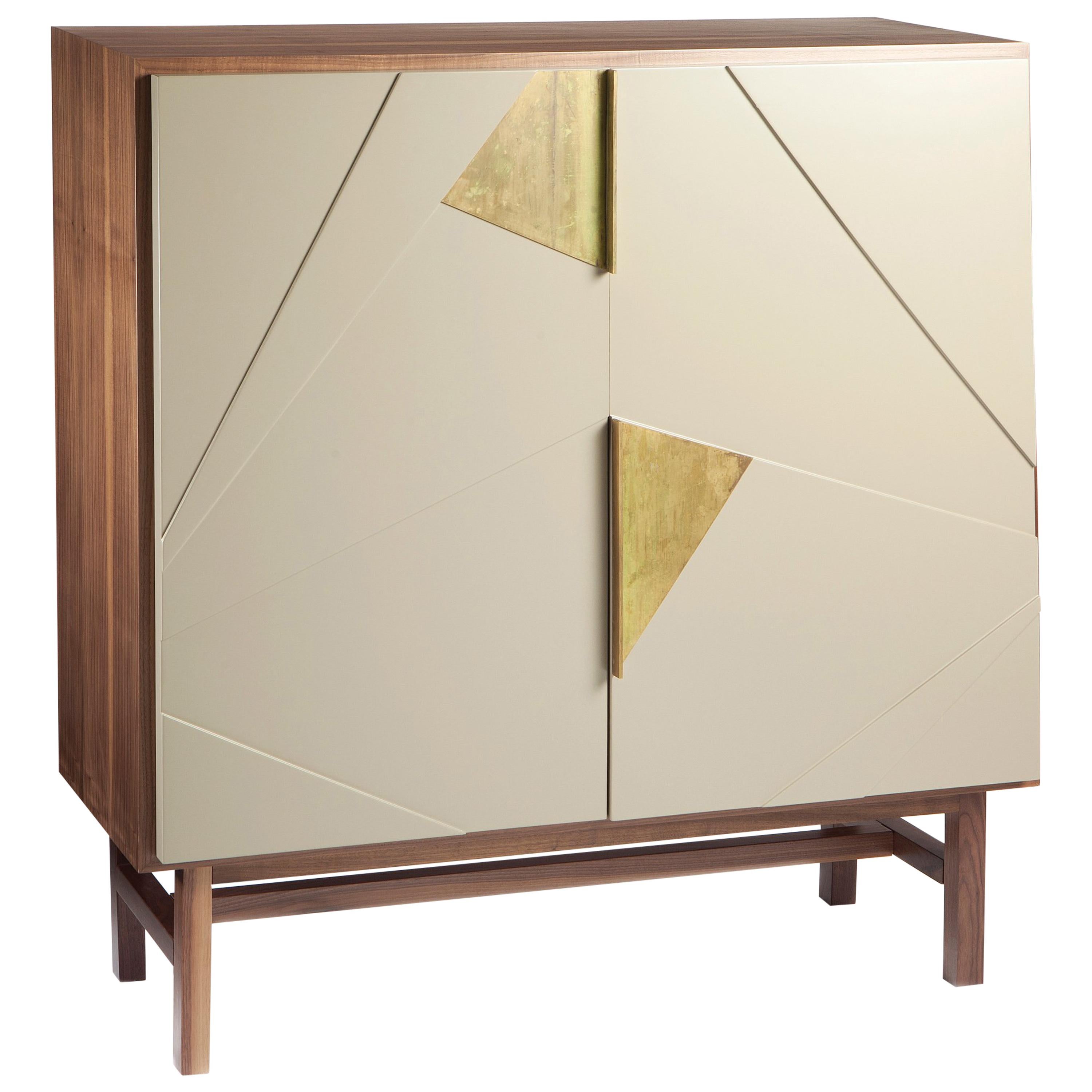 Art Deco Inspired Walnut Wood, Ivory Lacquer, Brass Handles Bar Cabinet Jazz For Sale
