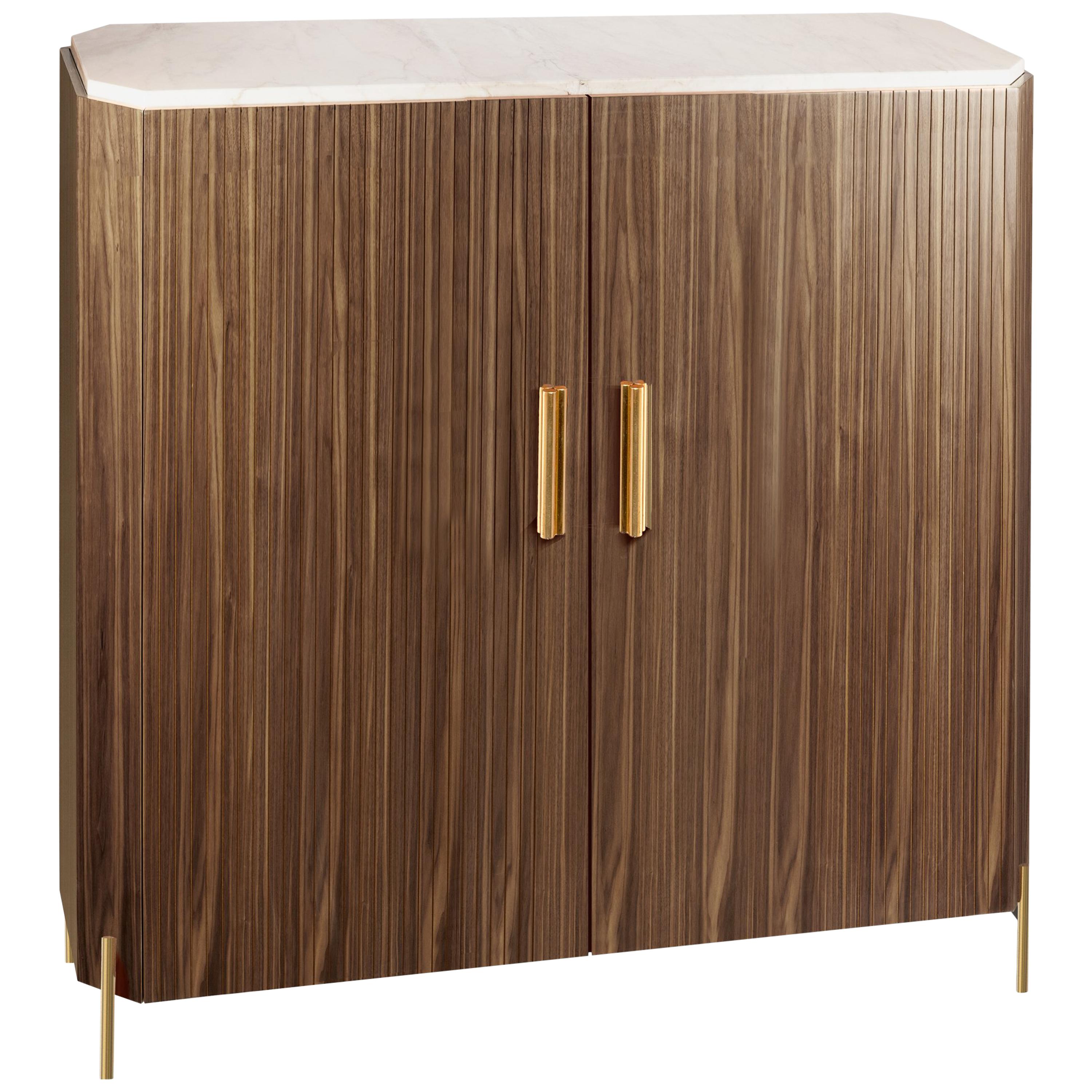 Portuguese Bar Cabinet Malcolm in Wood, Brass and Marble For Sale