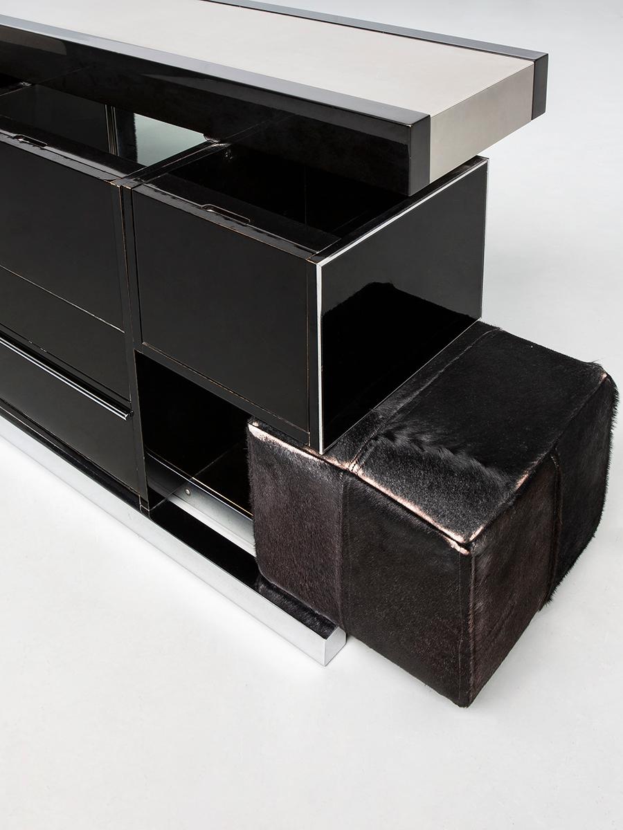 Bar Cabinet with a Couple of Cubic-Shaped Pouf by Willy Rizzo, from 1970s 5