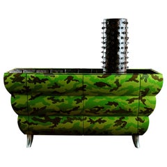Bar Cabinet with Hand-Painted Camouflage Design, Lacquered Shelves, Metal Feet