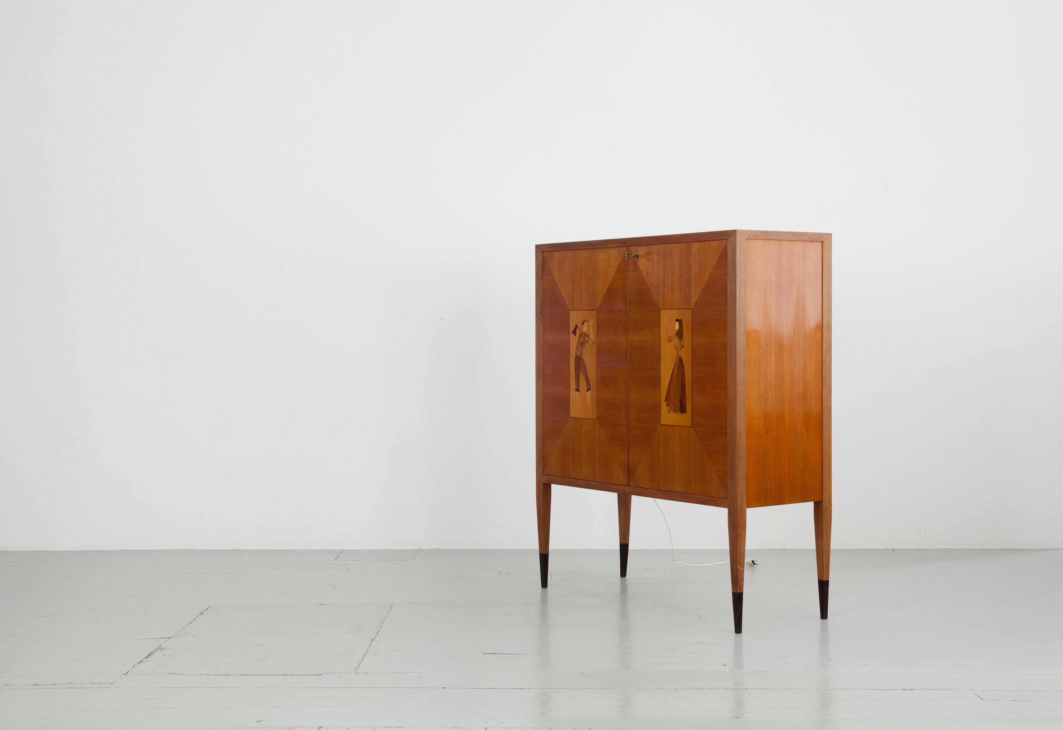 Mid-20th Century Bar Cabinet with Wood Inlays, Italy, 1950s For Sale