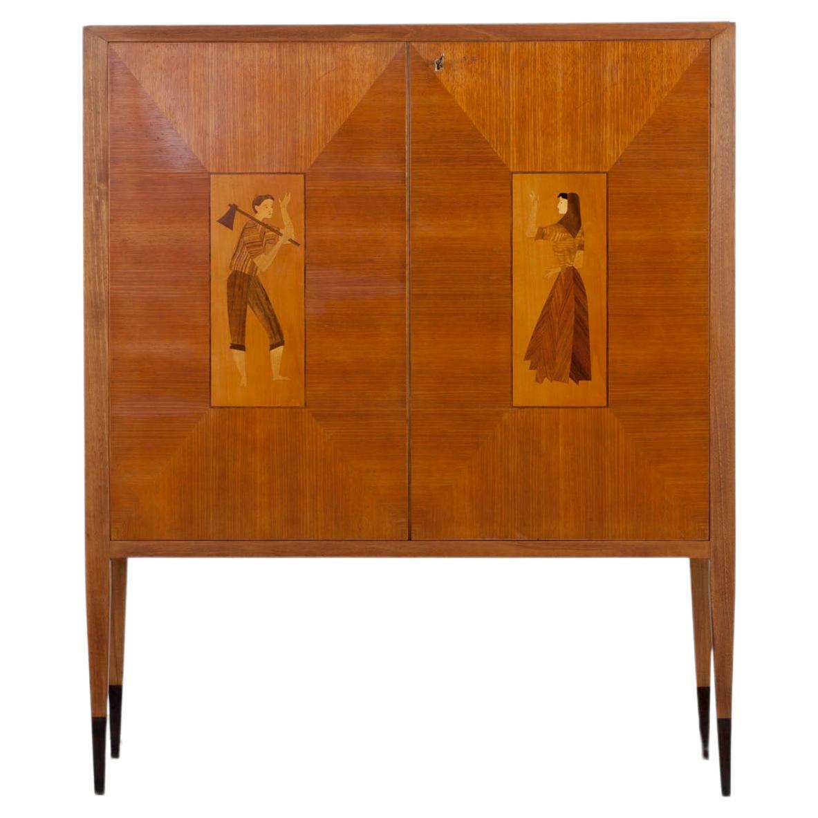 Bar Cabinet with Wood Inlays, Italy, 1950s For Sale