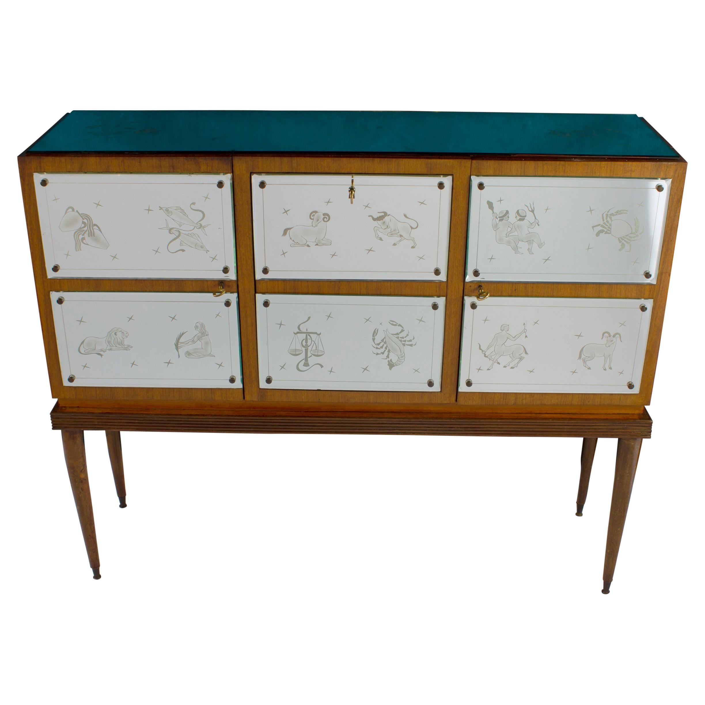 Bar Cabinet with Zodiac Etched Mirrored Glasses in the Style of Gio Ponti For Sale