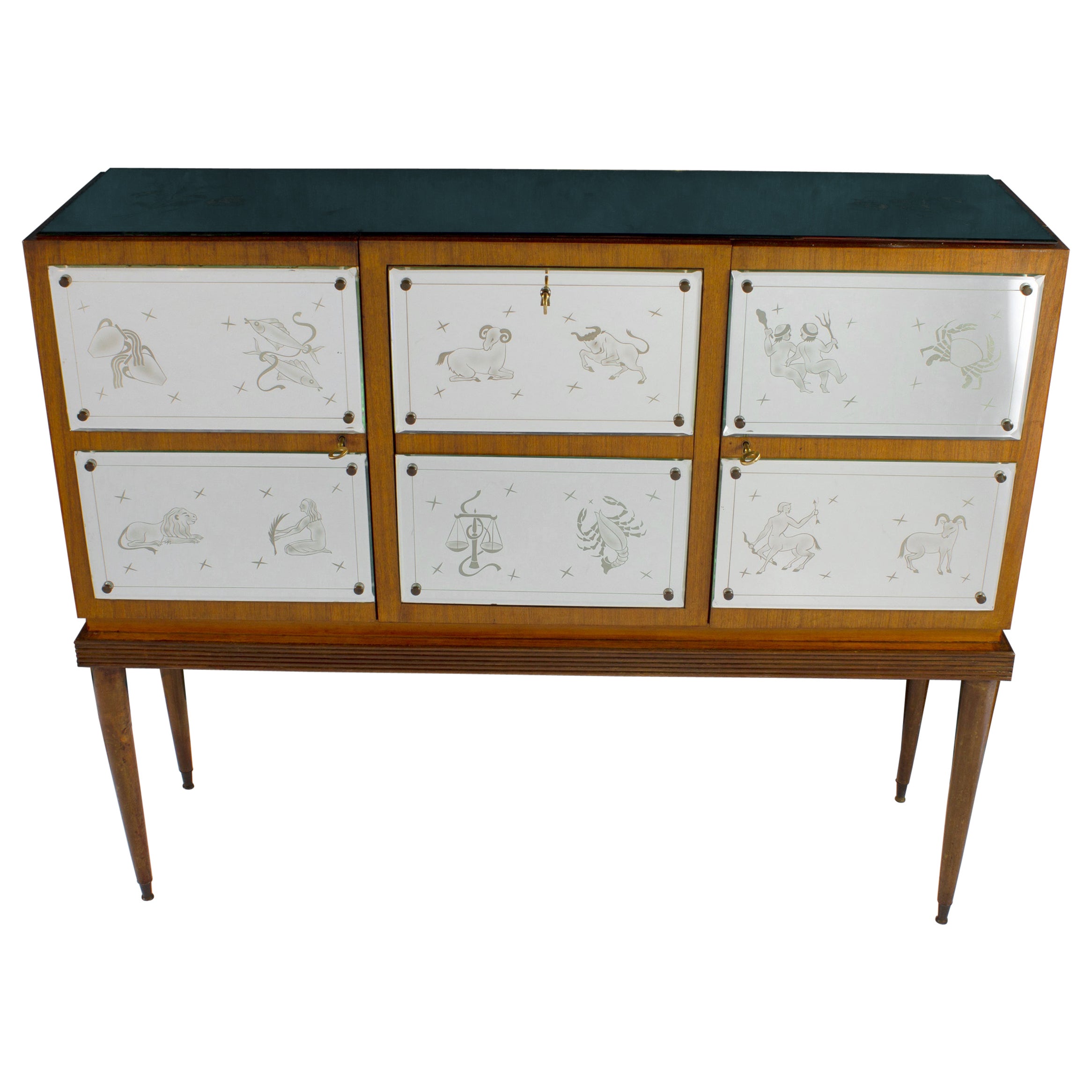 Mueble Bar con Copas de Espejo Grabadas del Zodiaco al Estilo de Gio Ponti