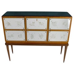Mueble Bar con Copas de Espejo Grabadas del Zodiaco al Estilo de Gio Ponti