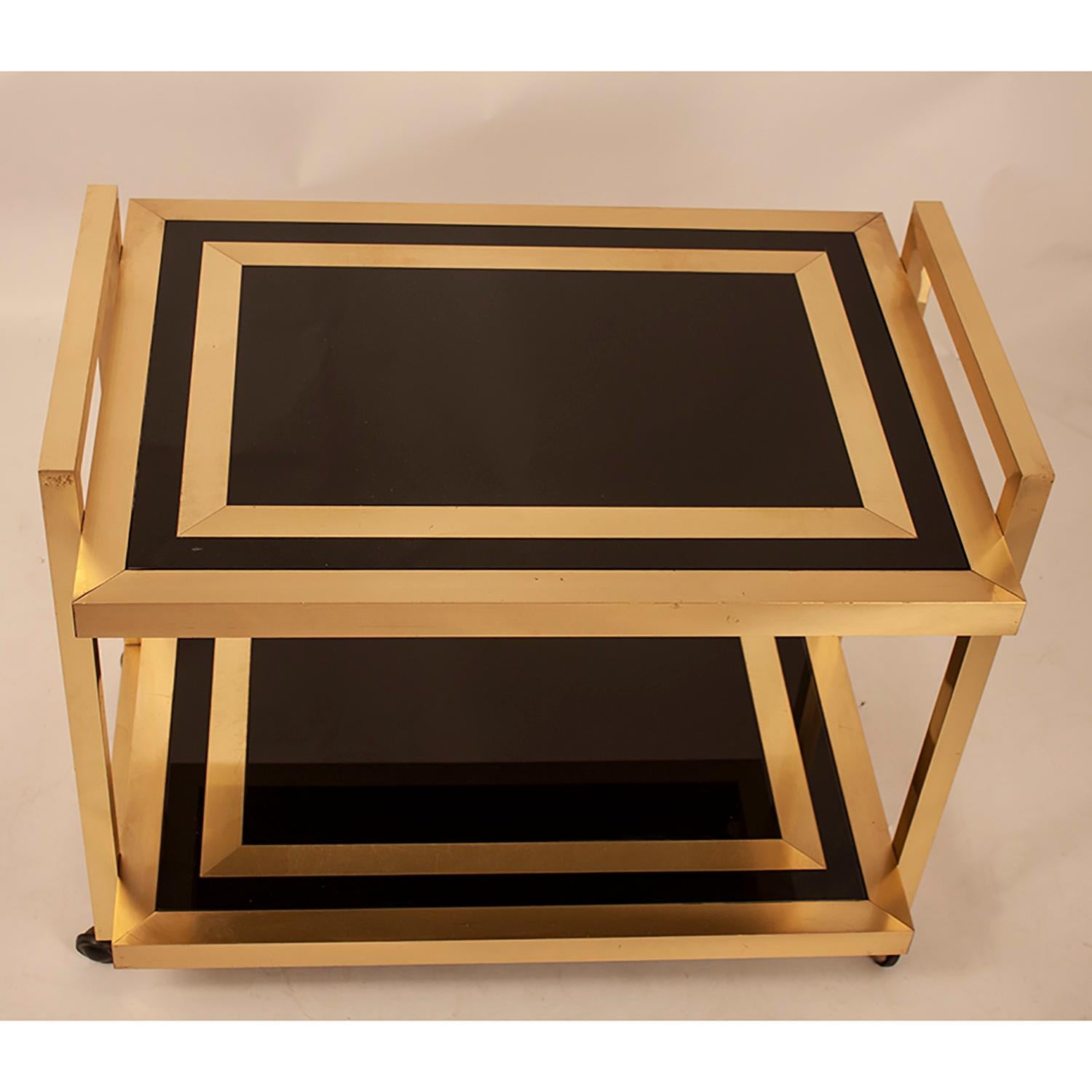 Spanish Bar Cart After Willy Rizzo, 1970s, Midcentury, Black Glass and Gold Brass