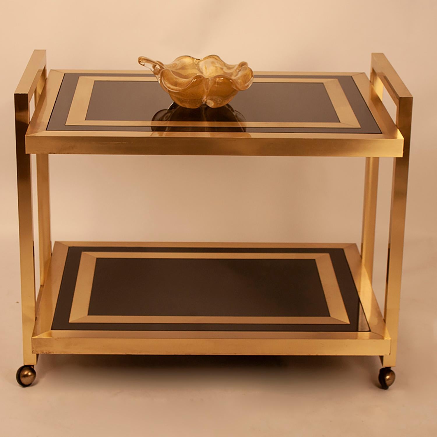 Late 20th Century Bar Cart After Willy Rizzo, 1970s, Midcentury, Black Glass and Gold Brass