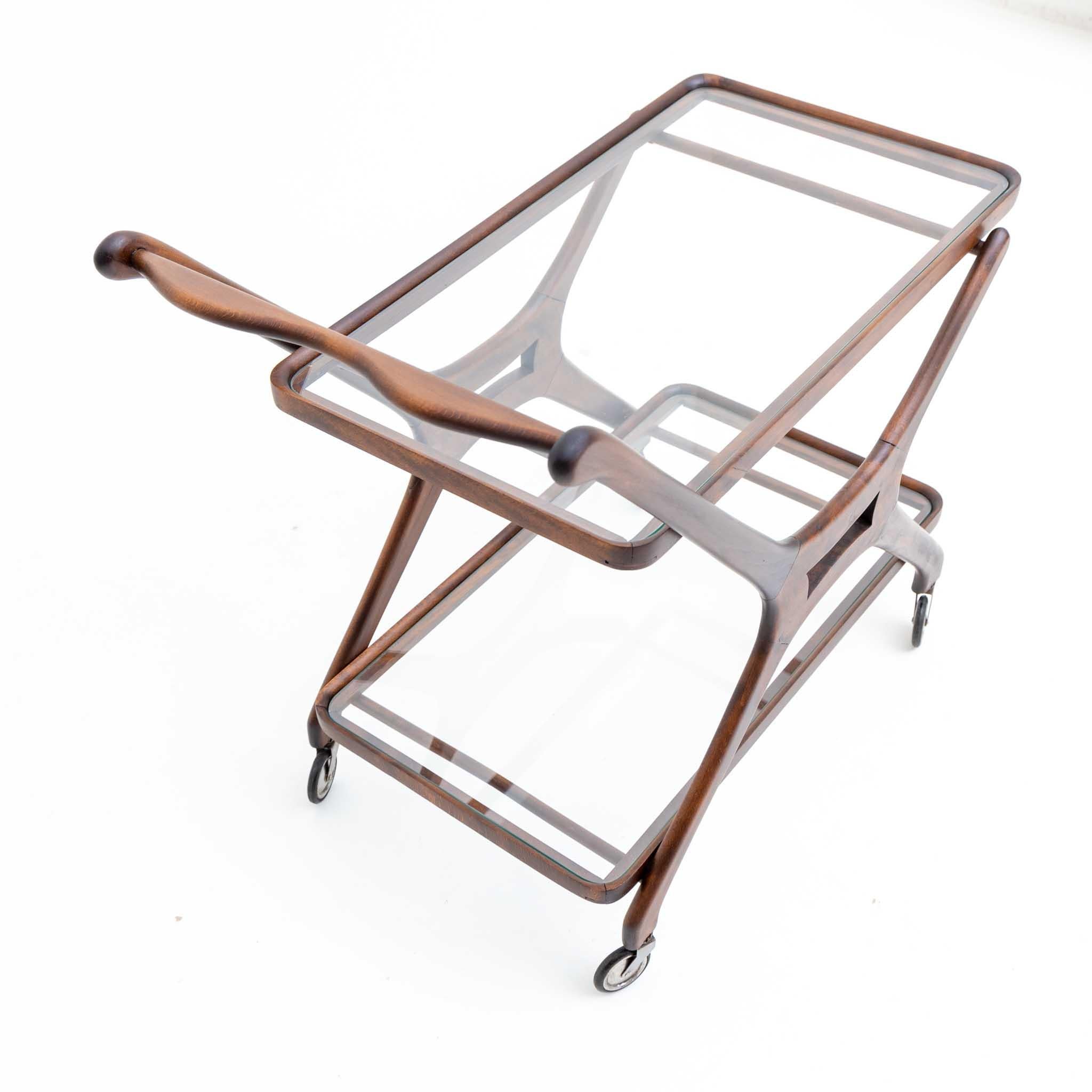 Mid-Century Modern Brown Bar Cart, Beech and Glass, Attributed to Cesare Lacca, Italy, 1950s For Sale