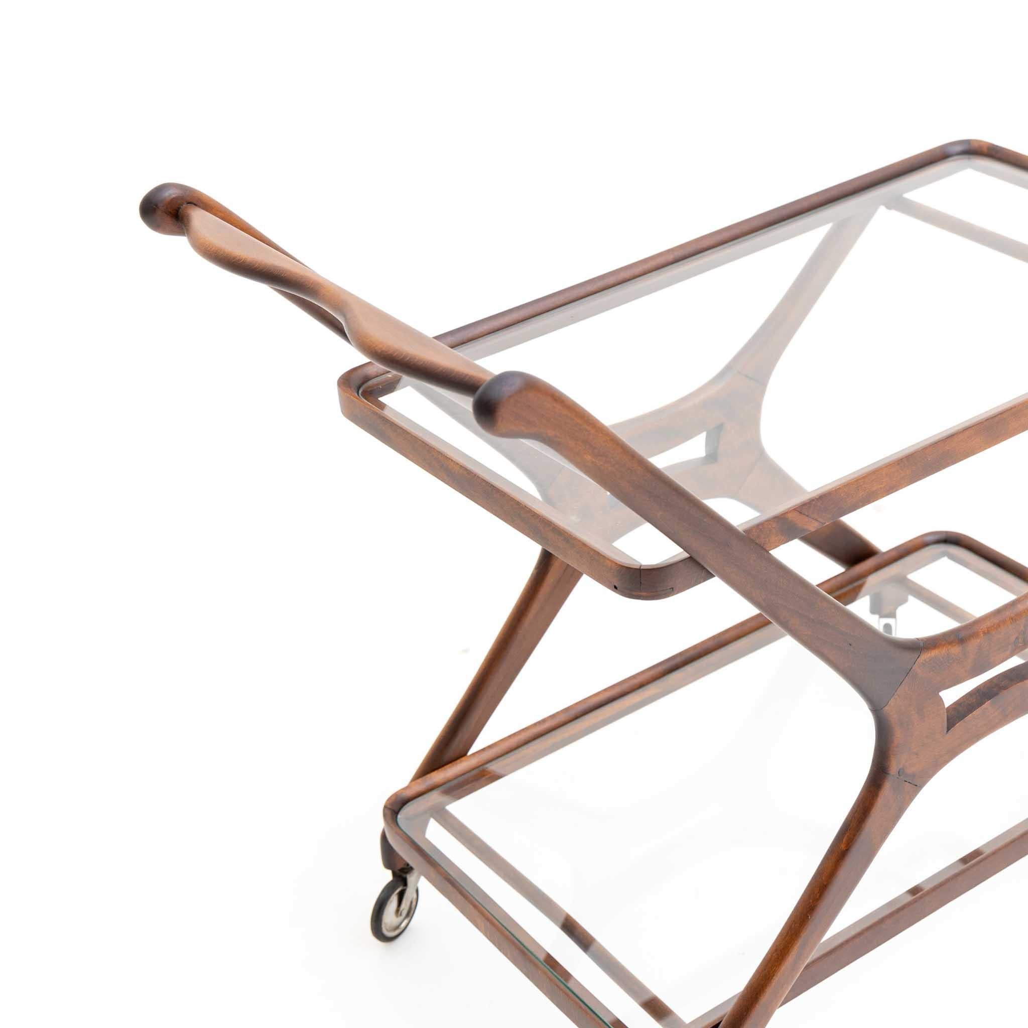 Italian Brown Bar Cart, Beech and Glass, Attributed to Cesare Lacca, Italy, 1950s For Sale