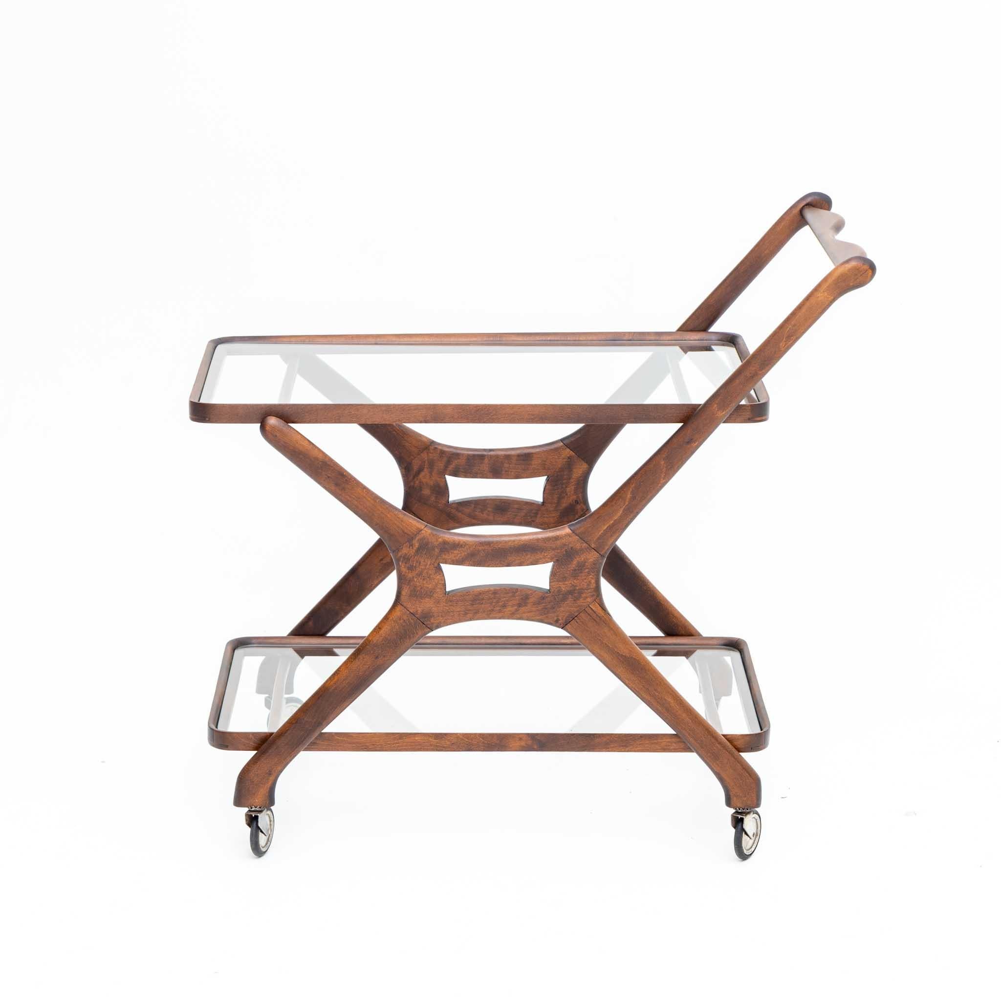 Mid-20th Century Brown Bar Cart, Beech and Glass, Attributed to Cesare Lacca, Italy, 1950s For Sale