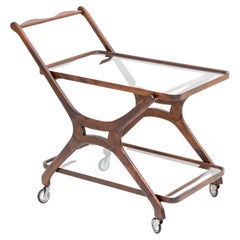 Retro Brown Bar Cart, Beech and Glass, Attributed to Cesare Lacca, Italy, 1950s