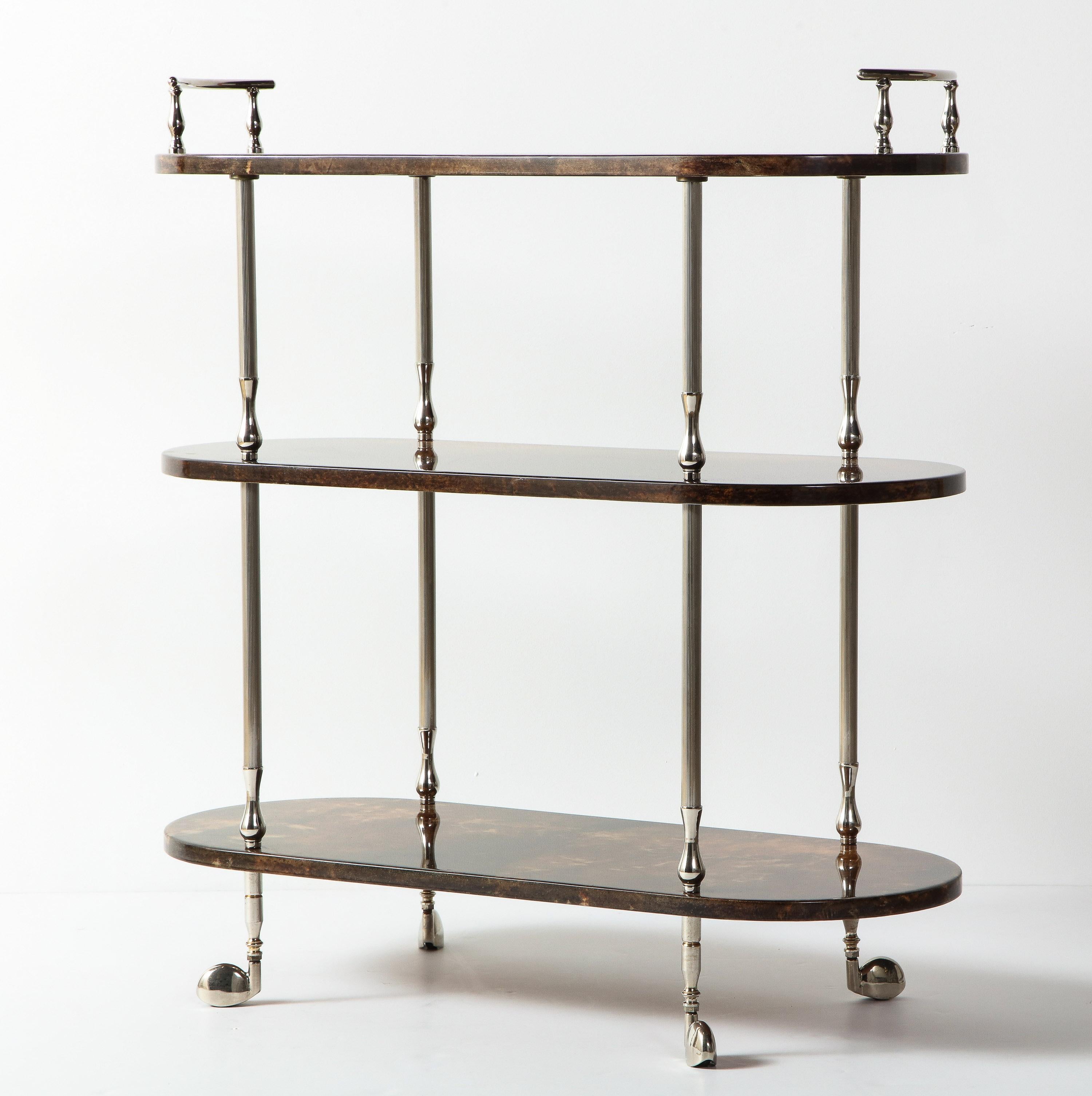 Mid-Century Modern Bar Cart by Aldo Tura, Goat Skin Parchment, Italy, circa 1950, Tall, in Stock
