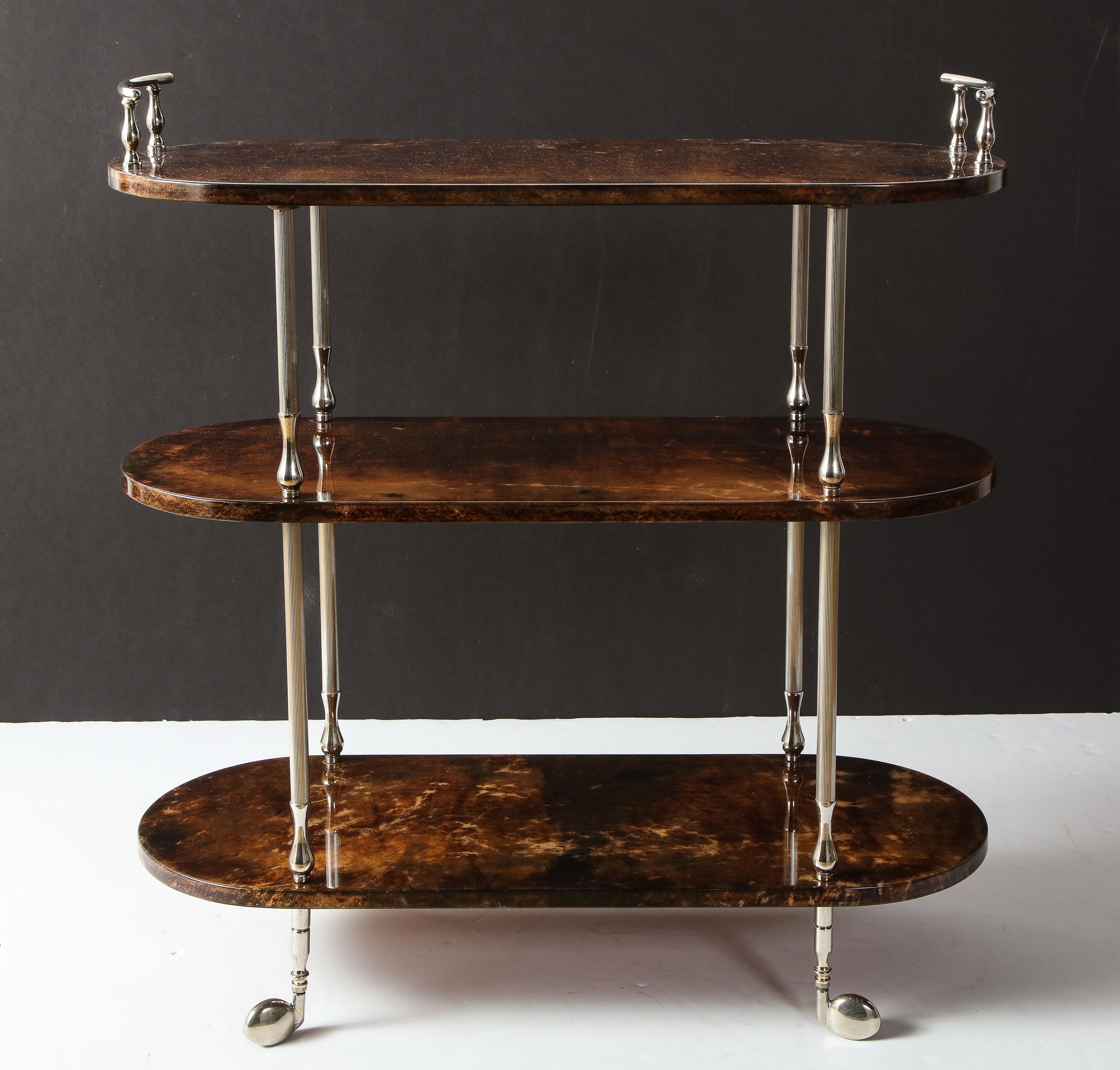 Italian Bar Cart by Aldo Tura, Goat Skin Parchment, Italy, circa 1950, Tall, in Stock