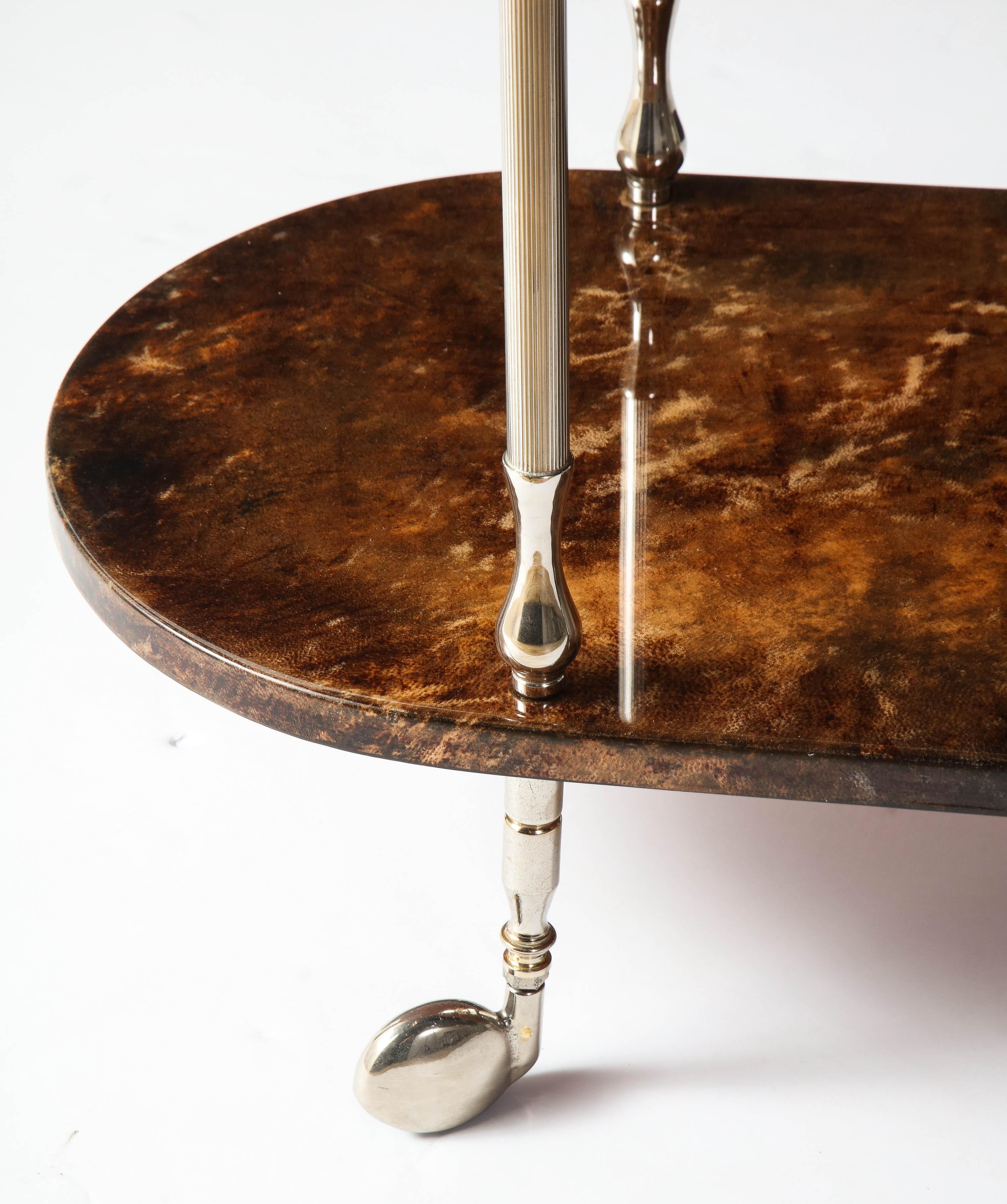 Hand-Crafted Bar Cart by Aldo Tura, Goat Skin Parchment, Italy, circa 1950, Tall, in Stock