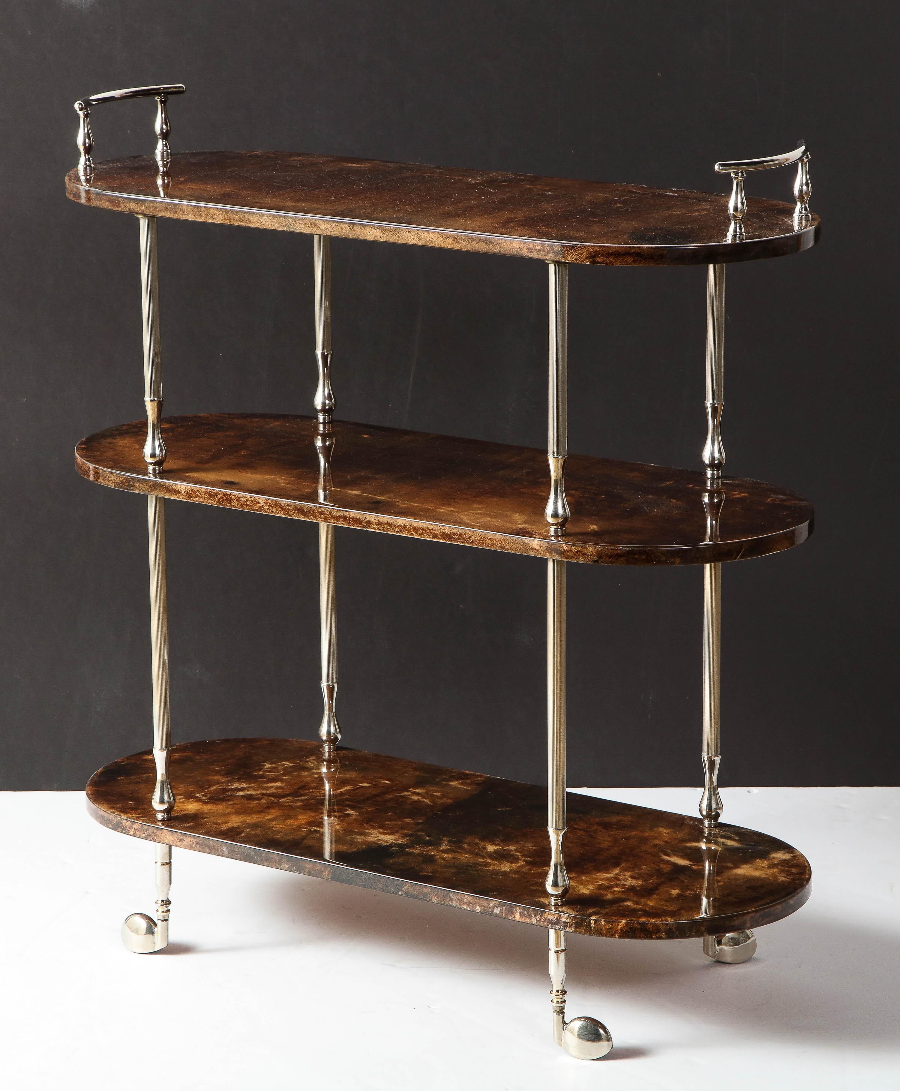 Mid-20th Century Bar Cart by Aldo Tura, Goat Skin Parchment, Italy, circa 1950, Tall, in Stock