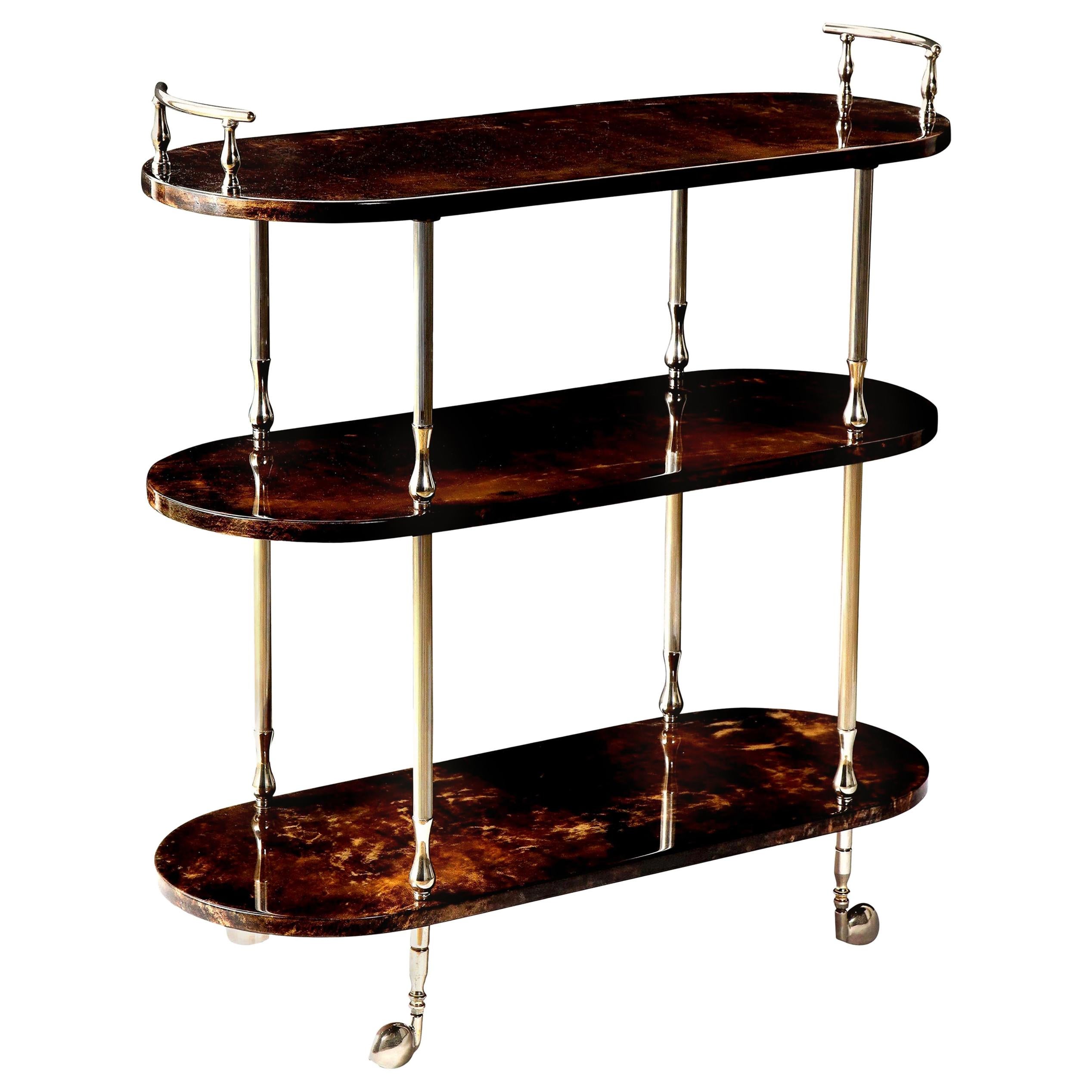 Bar Cart by Aldo Tura, Goat Skin Parchment, Italy, circa 1950, Tall, in Stock