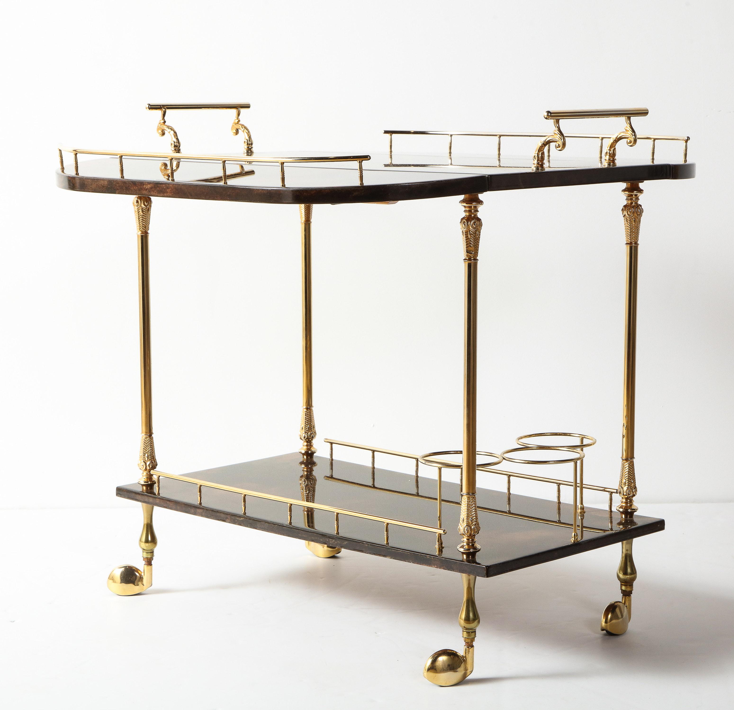 Hand-Crafted Bar Cart by Aldo Tura, Italy, circa 1950, Goat Skin Parchment