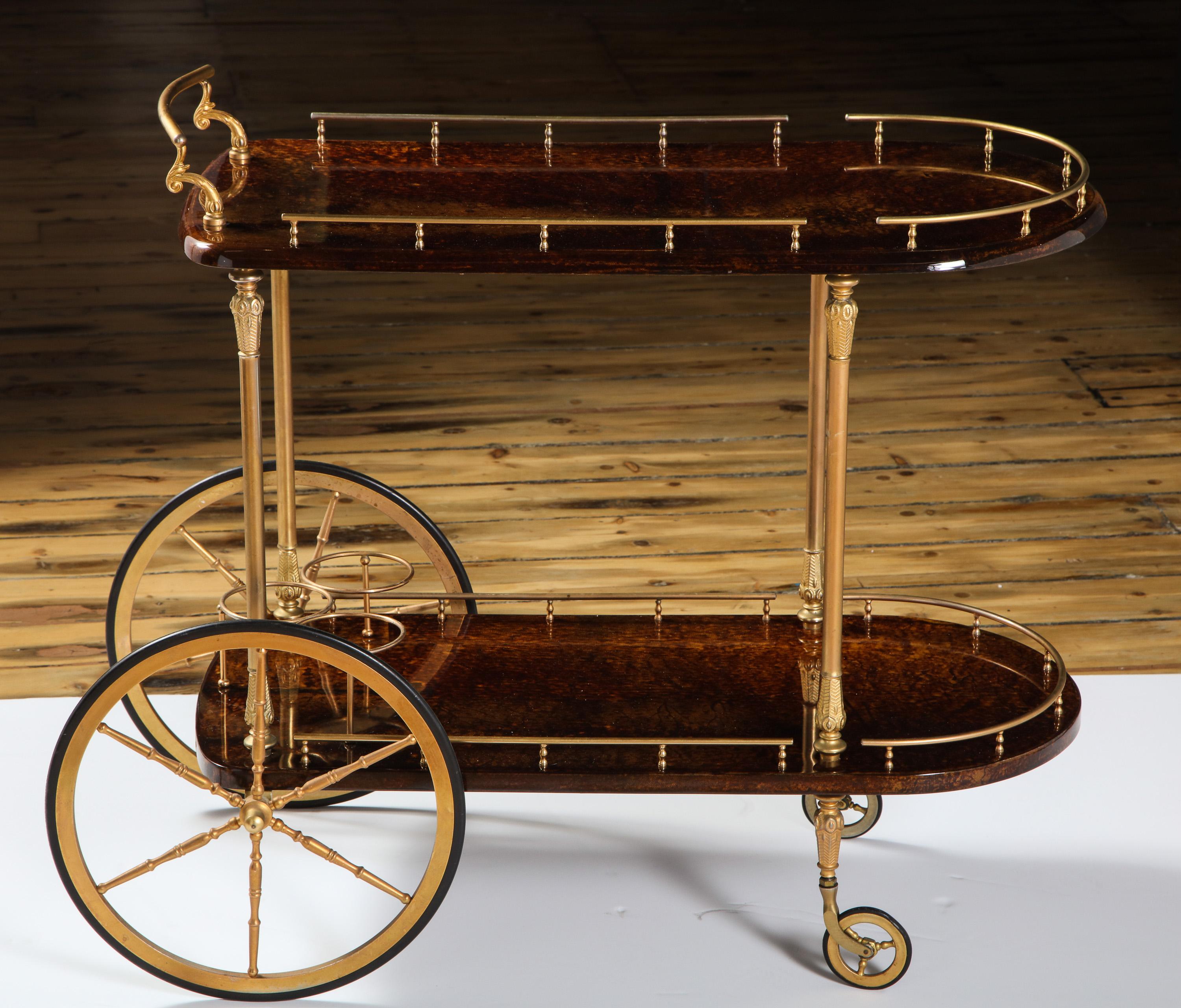 Italian Bar Cart by Aldo Tura, Italy, circa 1950, Goat Parchment, Chocolate