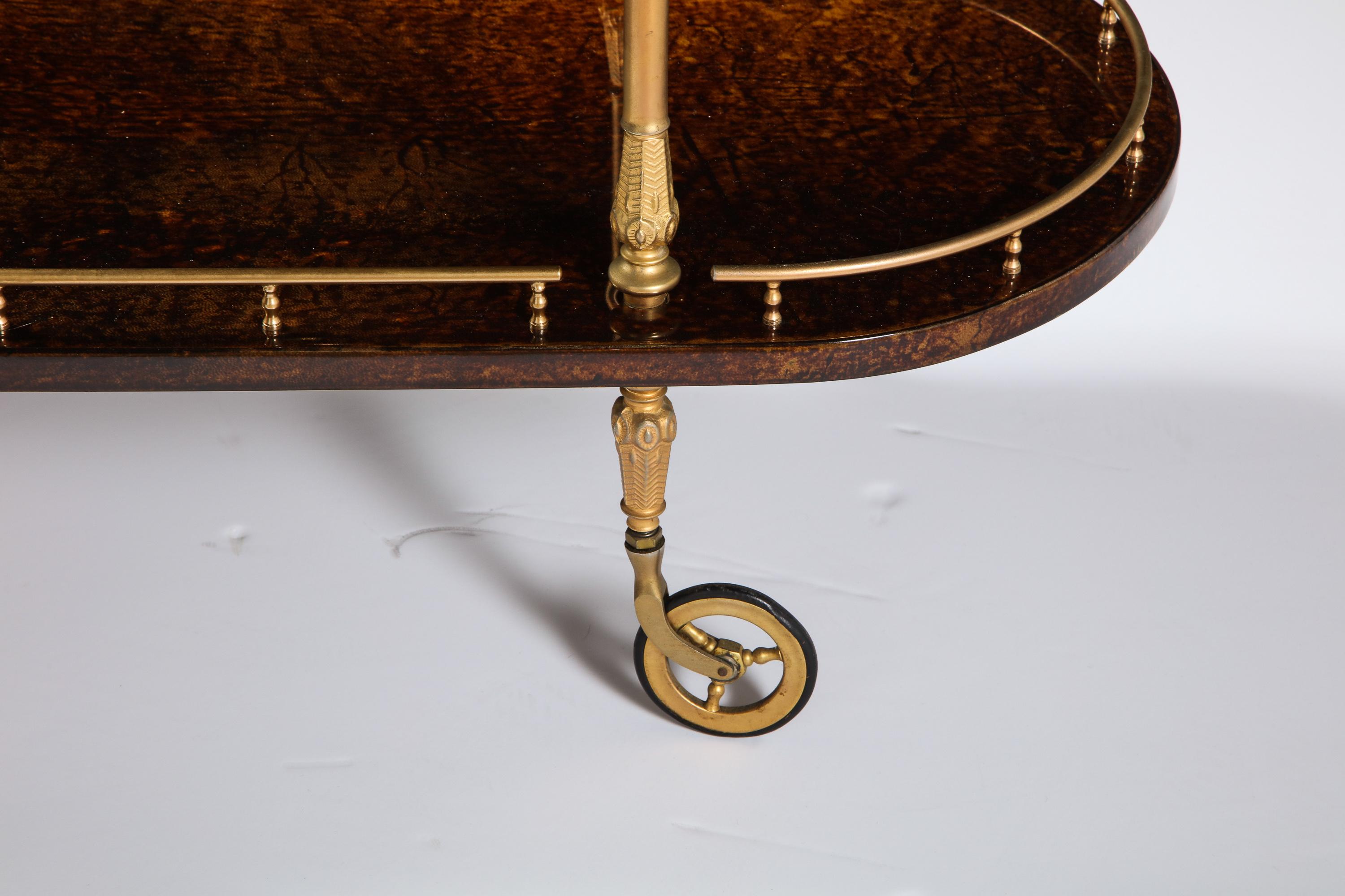 Hand-Crafted Bar Cart by Aldo Tura, Italy, circa 1950, Goat Parchment, Chocolate