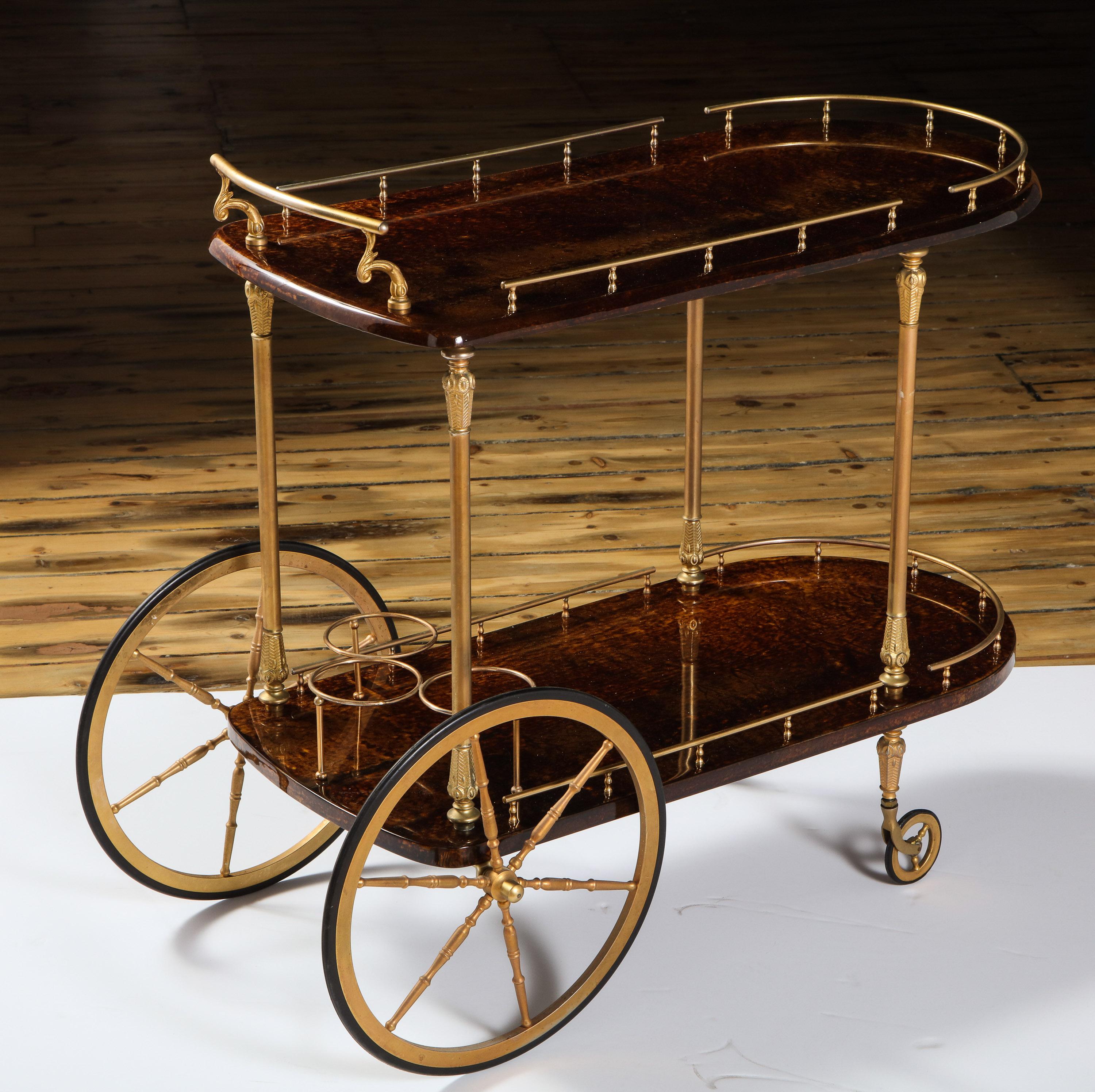 Mid-20th Century Bar Cart by Aldo Tura, Italy, circa 1950, Goat Parchment, Chocolate