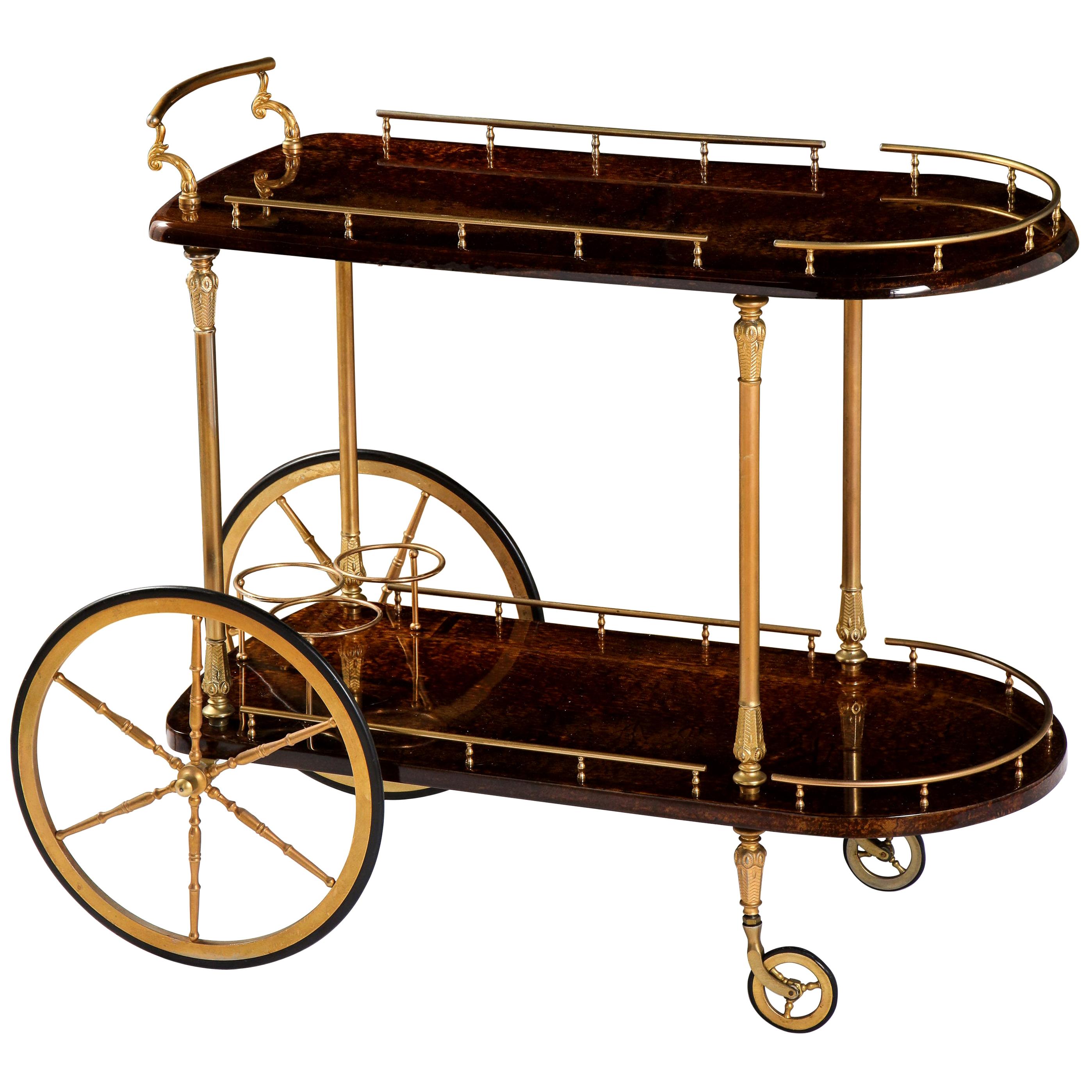 Bar Cart by Aldo Tura, Italy, circa 1950, Goat Parchment, Chocolate